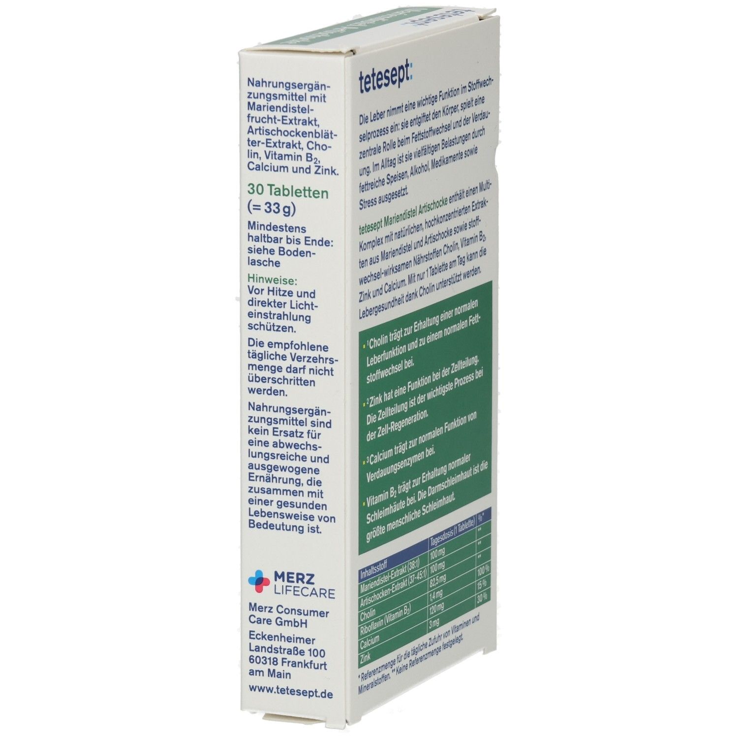 Seitenansicht der Verpackung von tetesept® Mariendistel Artischocke Tabletten. Text und Logo von Merz Lifecare.