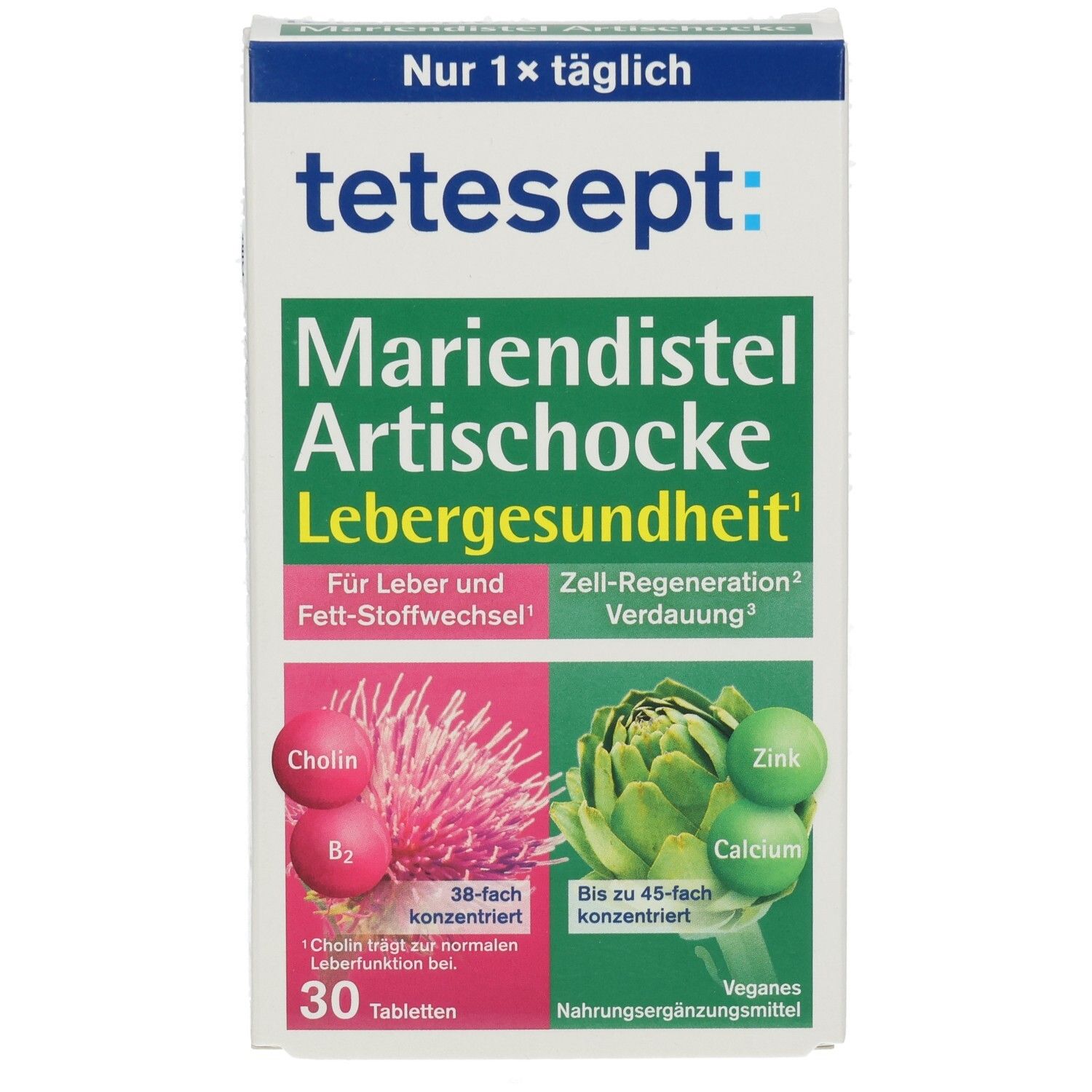 Vorderansicht der Verpackung von tetesept® Mariendistel Artischocke Tabletten. Grün-weiß-rosa Design. 30 Tabletten.