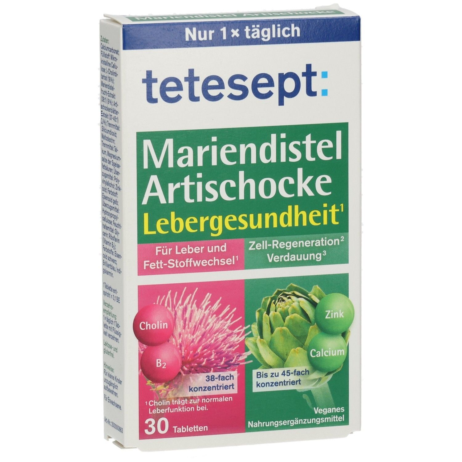 Vorderansicht der Verpackung von tetesept® Mariendistel Artischocke Tabletten. Grün-weiß-rosa Design. 30 Tabletten.
