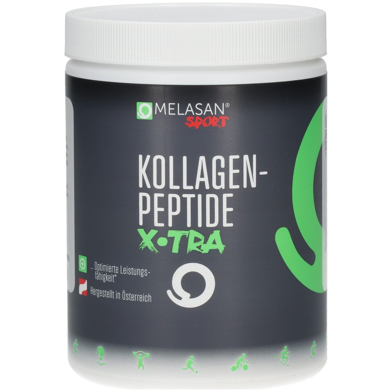 Weißes Behältnis mit schwarzem Etikett. Aufschrift: MELASAN SPORT, KOLLAGEN-PEPTIDE X-TRA. Grünes Logo und Schrift.