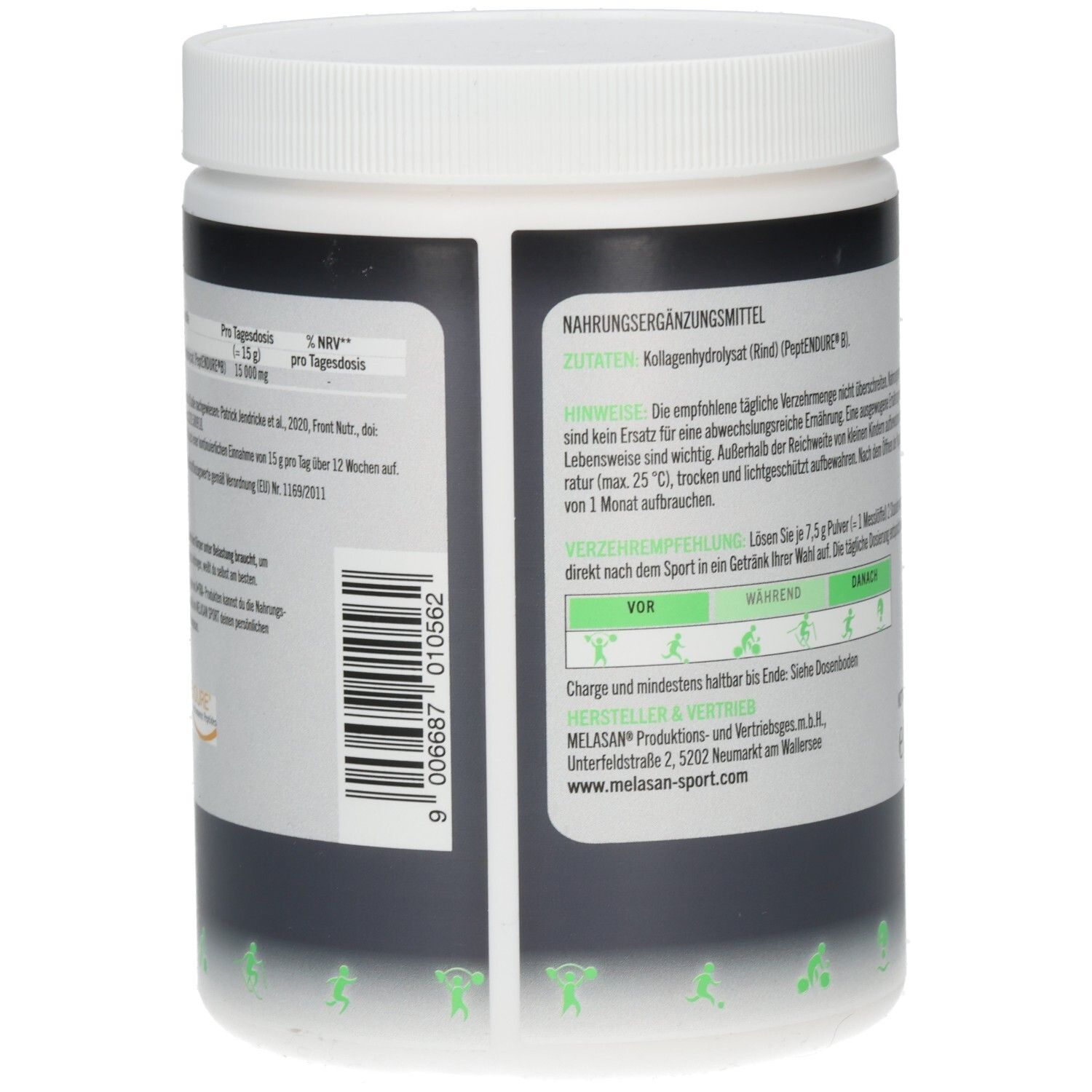 Behältnis mit schwarzem Etikett. Text: KOLLAGEN-PEPTIDE X-TRA. Angaben zu Inhaltsstoffen und Nährwerten. Grünes Logo und Schrift.