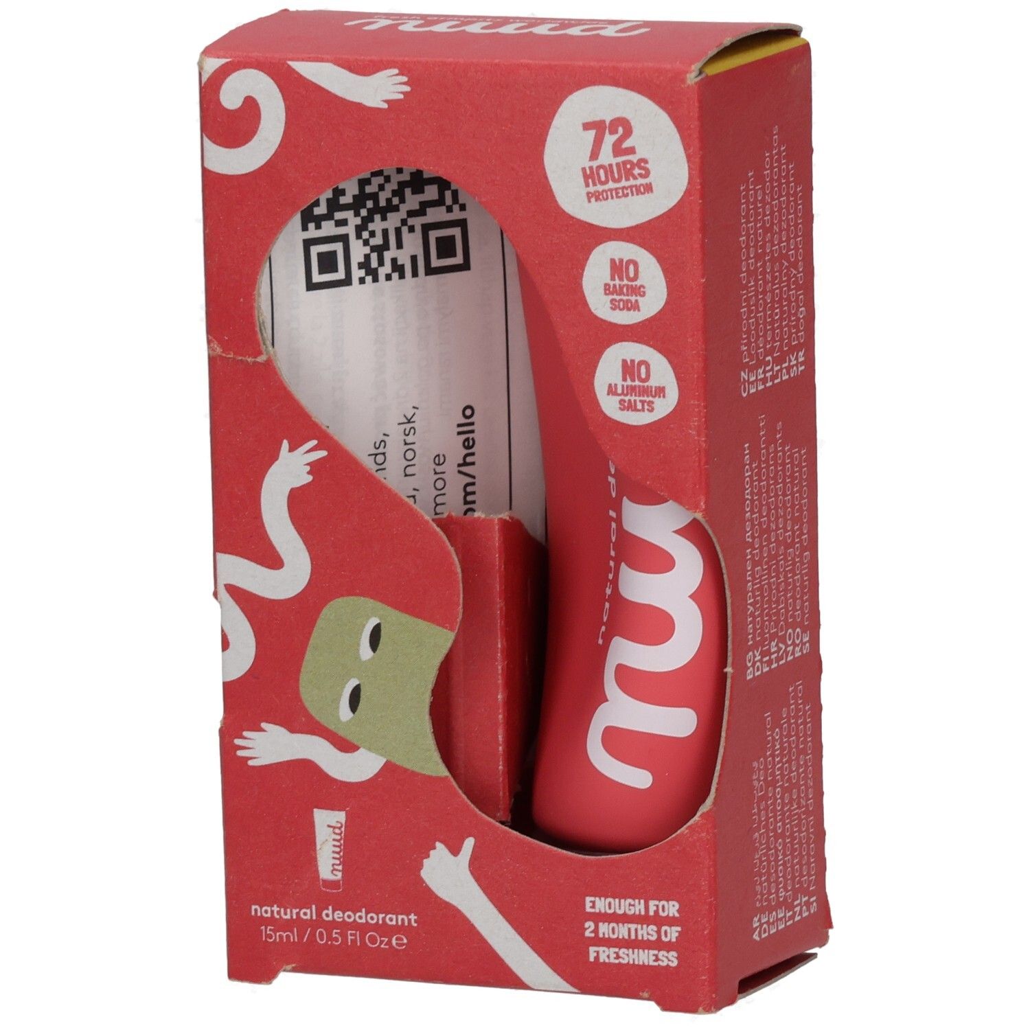 Rote Pappverpackung mit Aussparung. Enthält einen roten Deodorant-Applikator. Text: nuud, 72 Stunden Schutz, ohne Backpulver, ohne Aluminiumsalze.