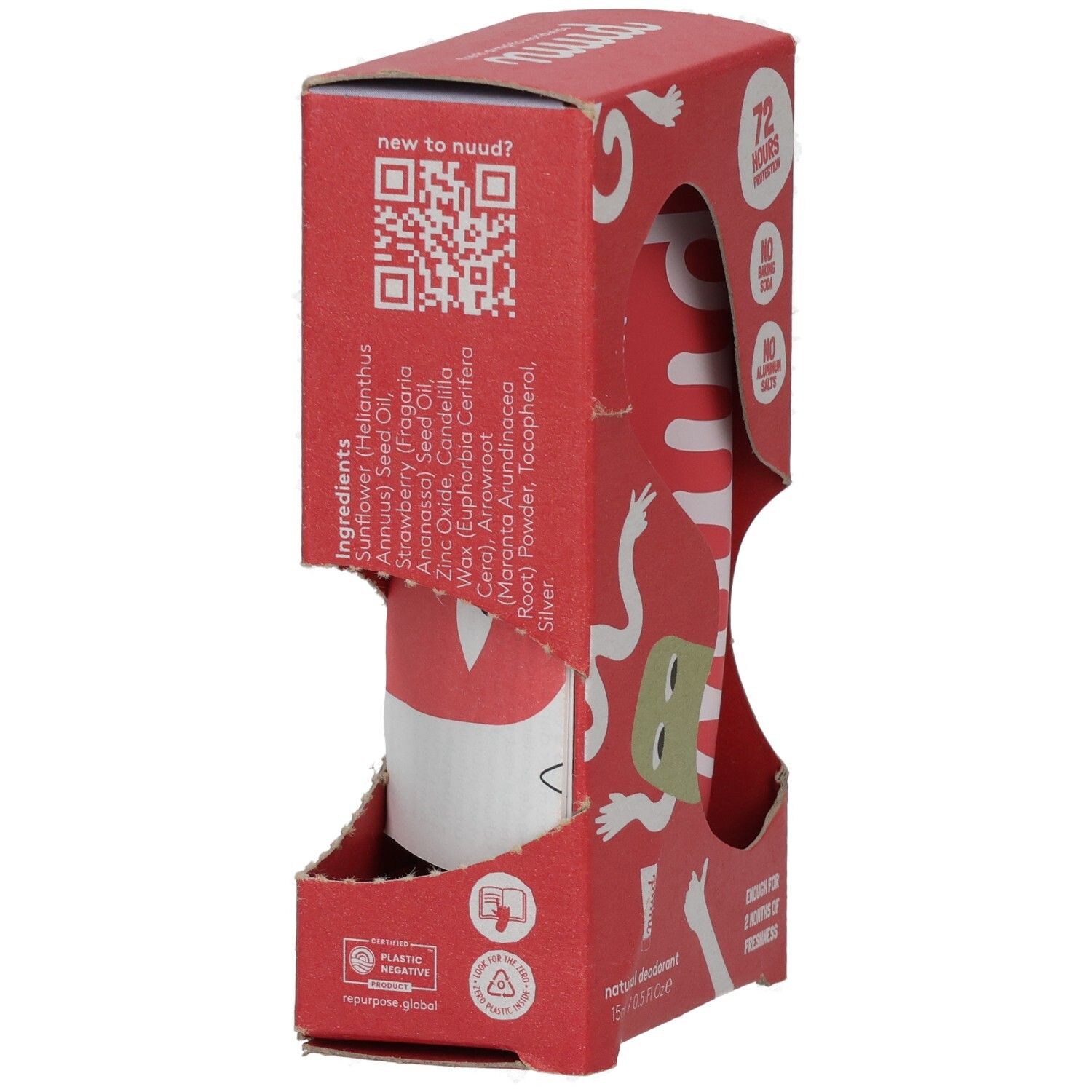 Rote Pappverpackung mit Aussparung. Enthält einen roten Deodorant-Applikator. Zutatenliste und QR-Code sichtbar. Text: nuud, 72 Stunden Schutz.