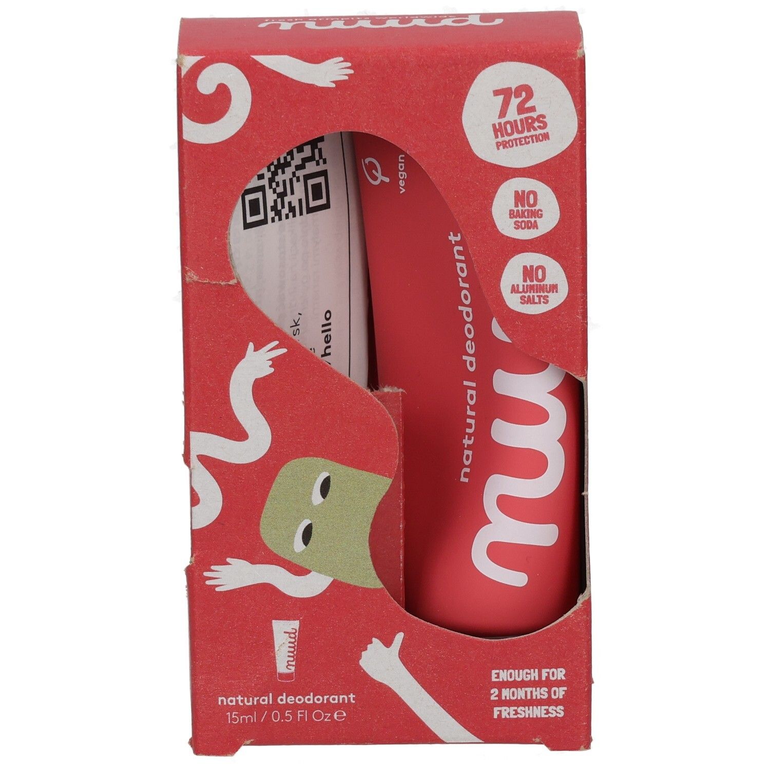 Rote Pappverpackung mit Aussparung. Enthält einen roten Deodorant-Applikator. Text: nuud, natural deodorant, 72 Stunden Schutz, vegan.