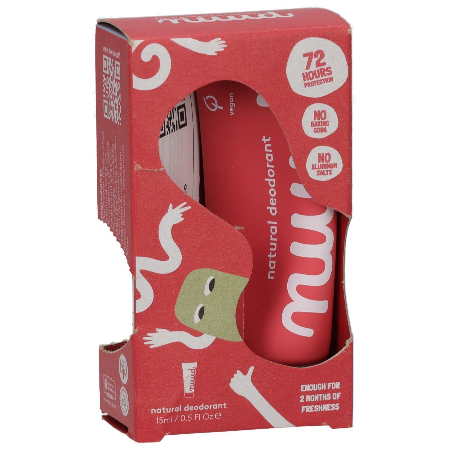 Rote Pappverpackung mit Aussparung. Enthält einen roten Deodorant-Applikator. Text: nuud, natural deodorant, 72 Stunden Schutz, ohne Backpulver.