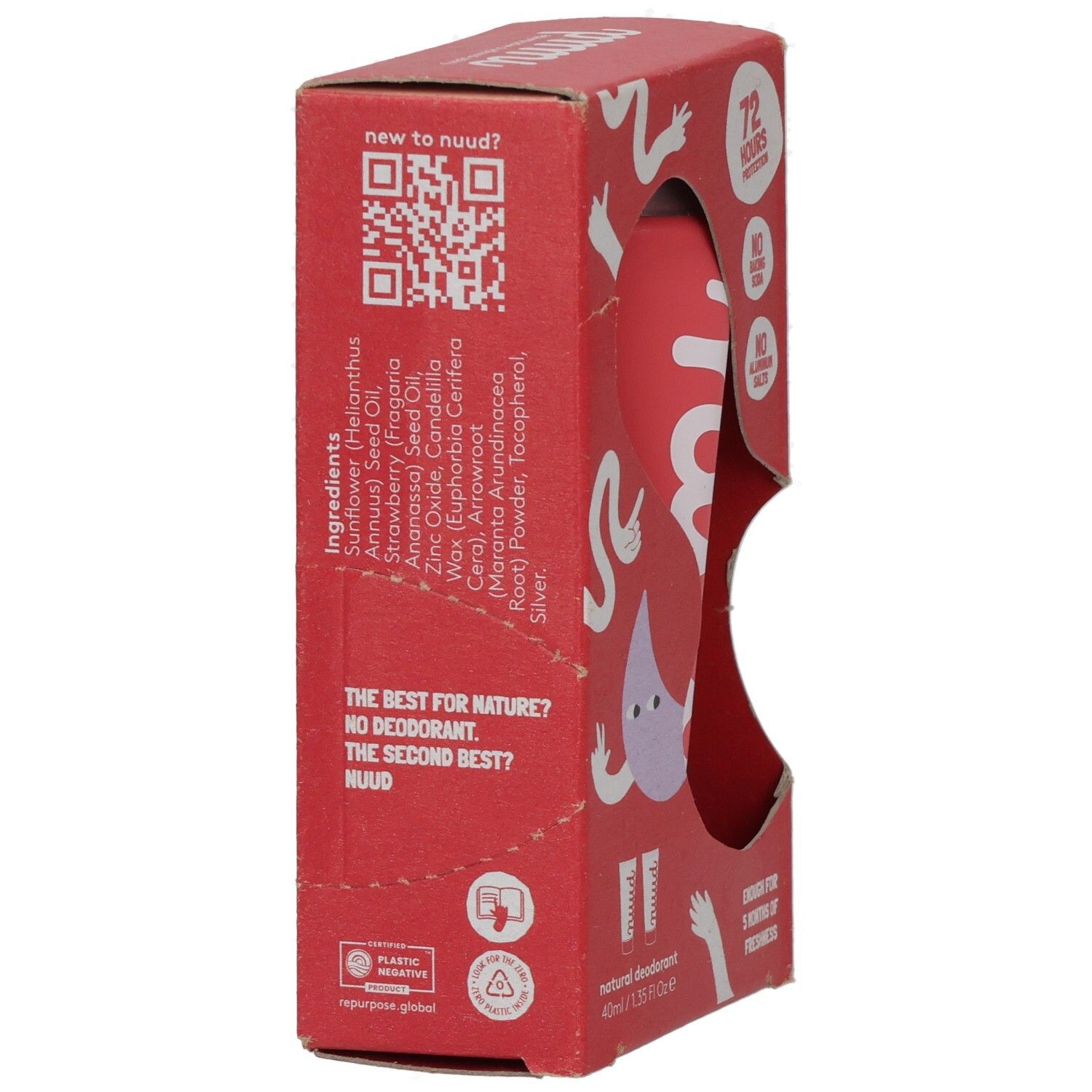Rote Pappschachtel, Seitenansicht. Text: nuud, Inhaltsstoffe, QR-Code, The best for nature? No deodorant. The second best? Nuud.