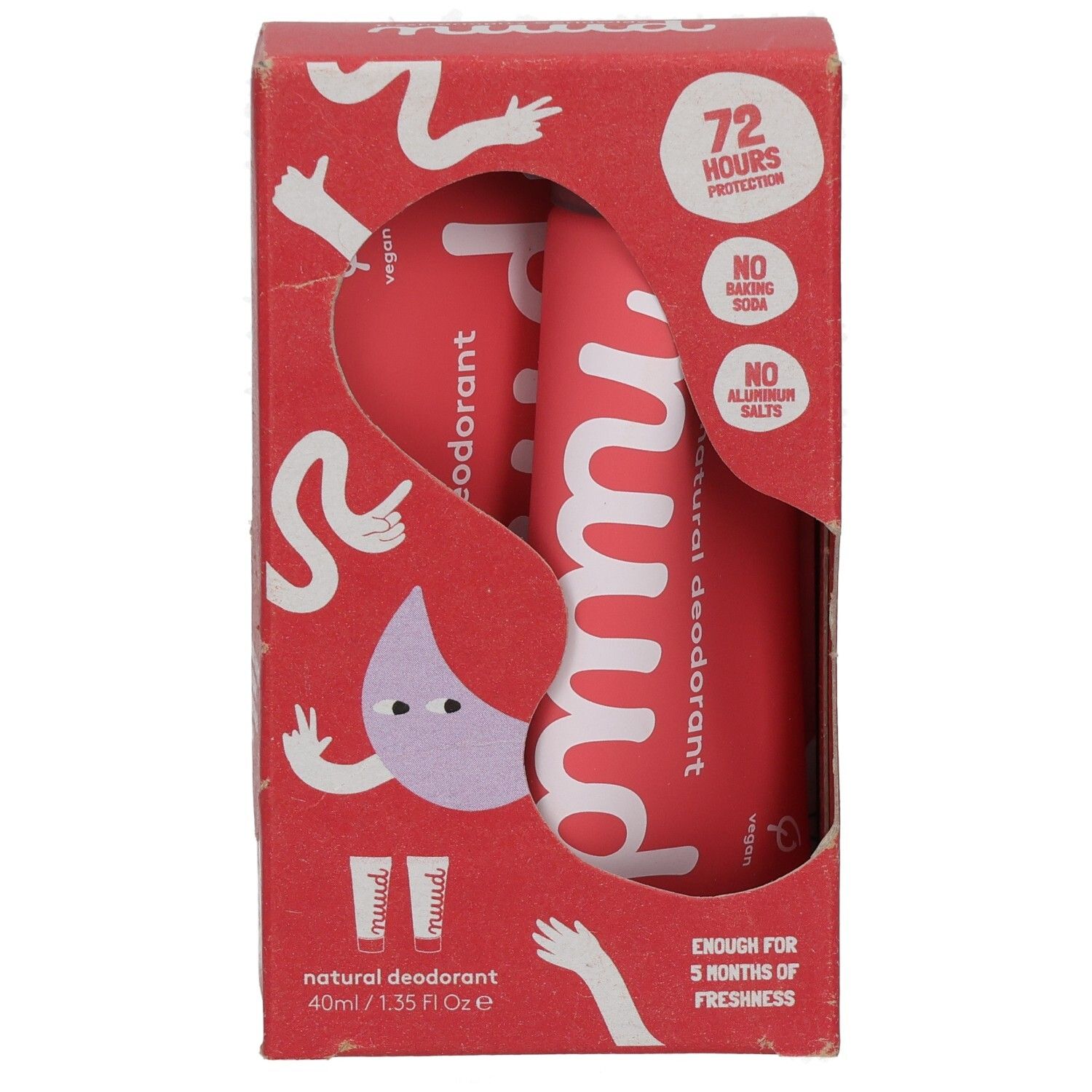 Rote Pappschachtel mit zwei Deodorant-Tuben. Sichtbare Aufschrift: nuud, natural deodorant, 72 Stunden Schutz, vegan.
