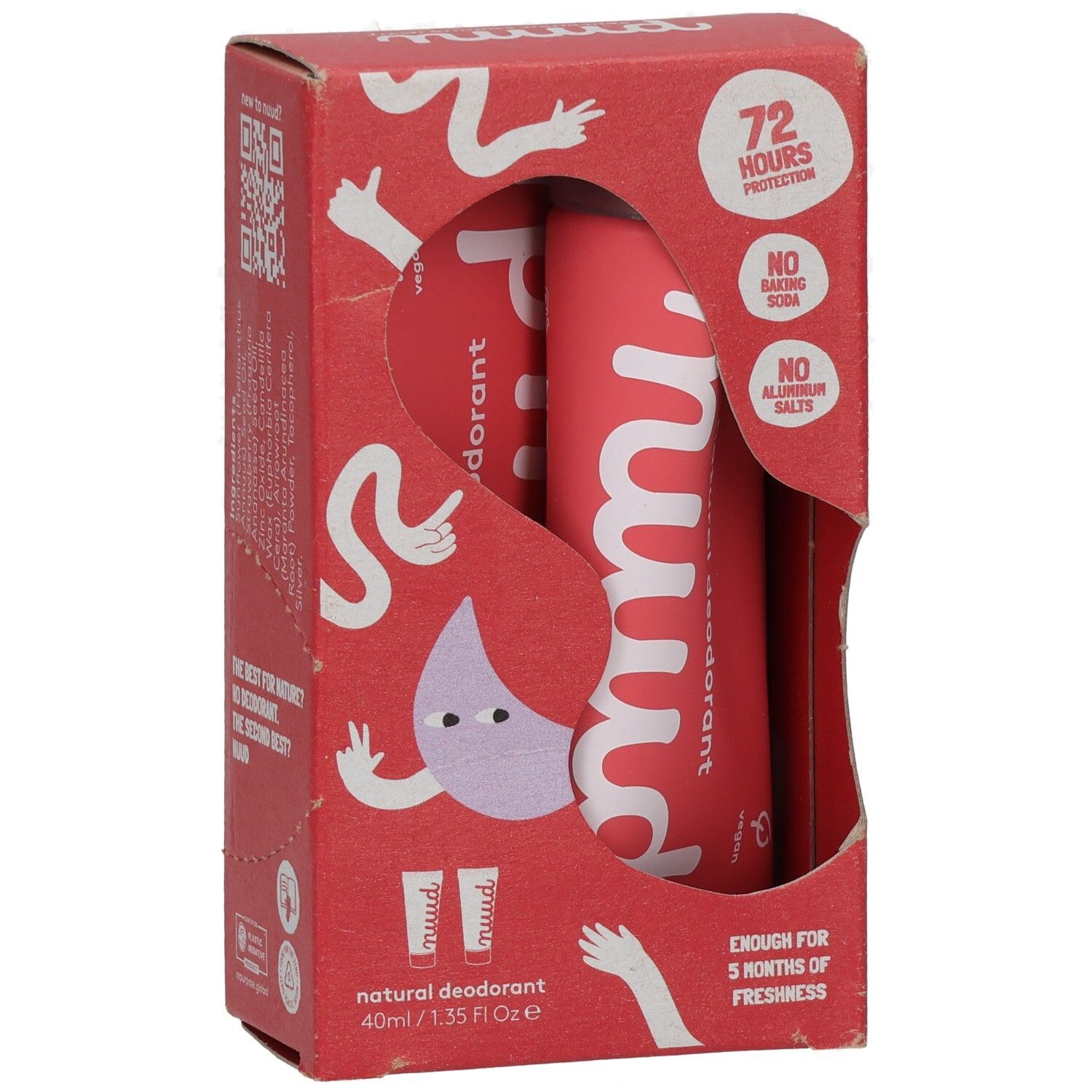 Rote Pappschachtel mit zwei Deodorant-Tuben. Sichtbare Aufschrift: nuud, natural deodorant, 72 Stunden Schutz, vegan.