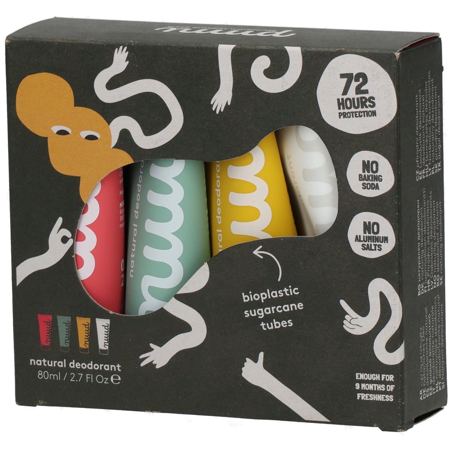 Schwarze Verpackung mit vier Tuben. Aufschrift "nuud" und "natural deodorant". Enthält 72 Stunden Schutz, ohne Backpulver und ohne Aluminiumsalze.