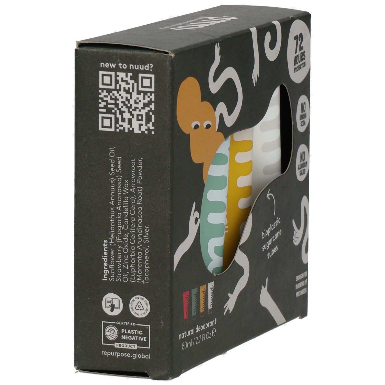 Schwarze Verpackung mit QR-Code und Inhaltsstoffen. Aufschrift "natural deodorant". Zertifiziert "PLASTIC NEGATIVE".