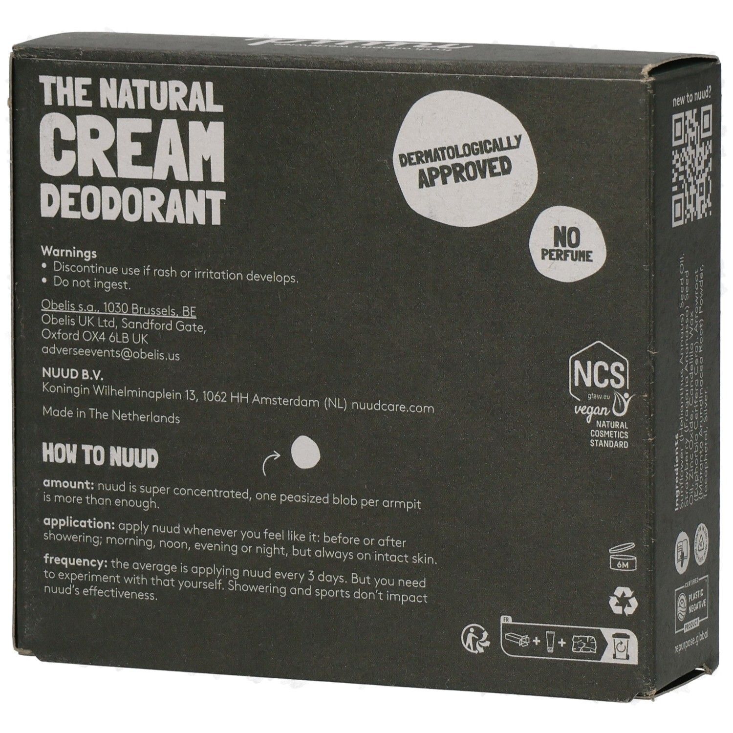 Rückseite der schwarzen Verpackung. Aufschrift "THE NATURAL CREAM DEODORANT". Dermatologisch getestet, ohne Parfüm. Vegan.