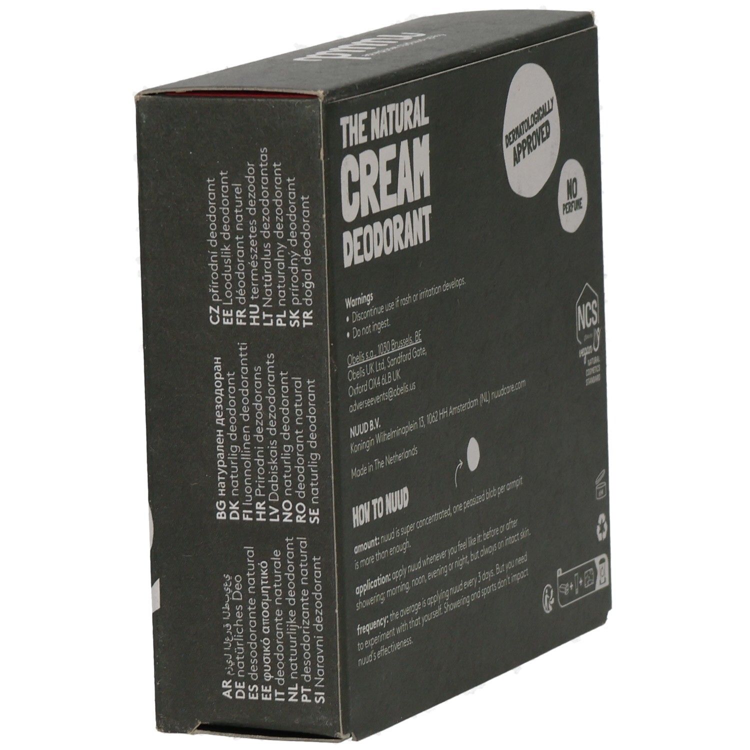 Rückseite der schwarzen Verpackung. Aufschrift "THE NATURAL CREAM DEODORANT". Dermatologisch getestet, ohne Parfüm. Vegan.