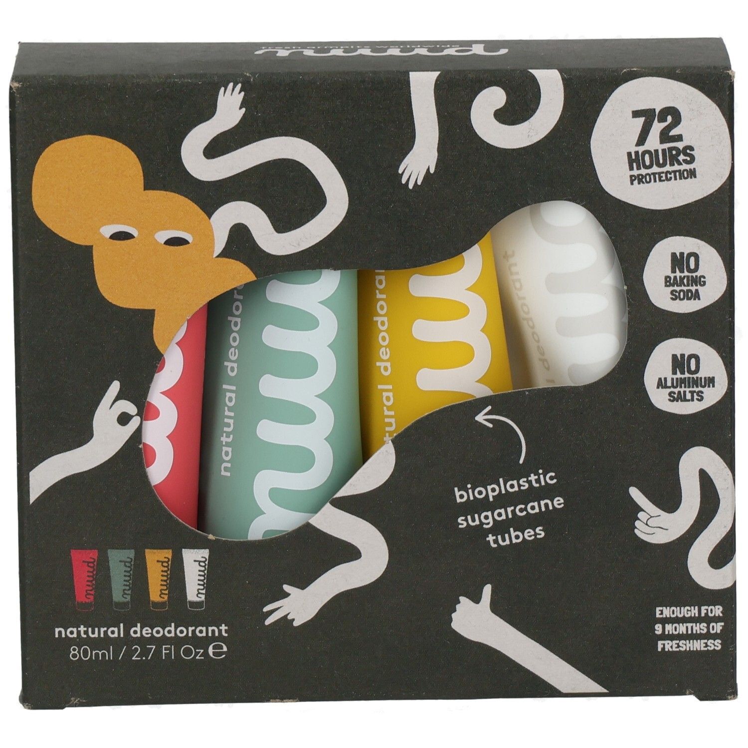 Schwarze Verpackung mit vier Tuben. Aufschrift "nuud" und "natural deodorant". Enthält 72 Stunden Schutz, ohne Backpulver und ohne Aluminiumsalze.