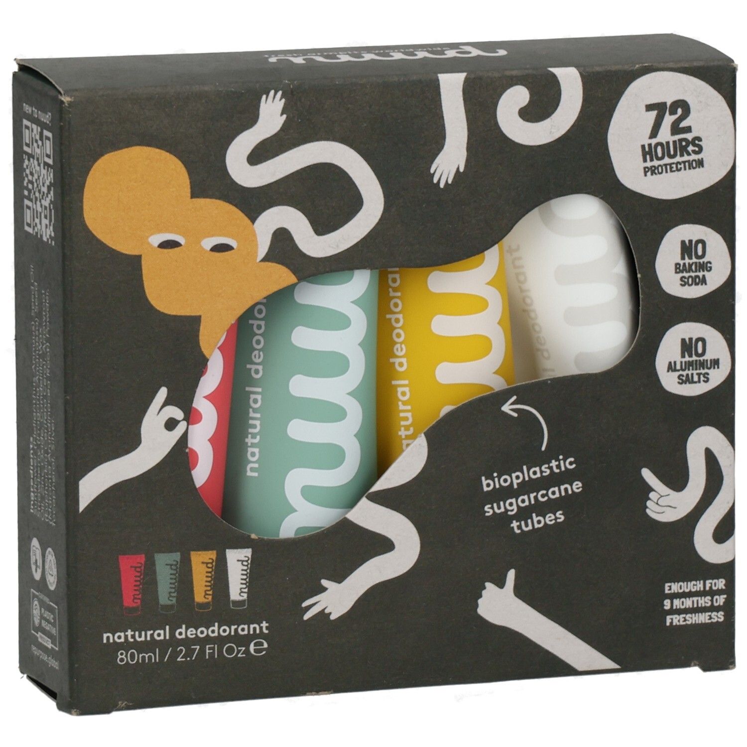 Schwarze Verpackung mit vier Tuben. Aufschrift "nuud" und "natural deodorant". Enthält 72 Stunden Schutz, ohne Backpulver und ohne Aluminiumsalze.