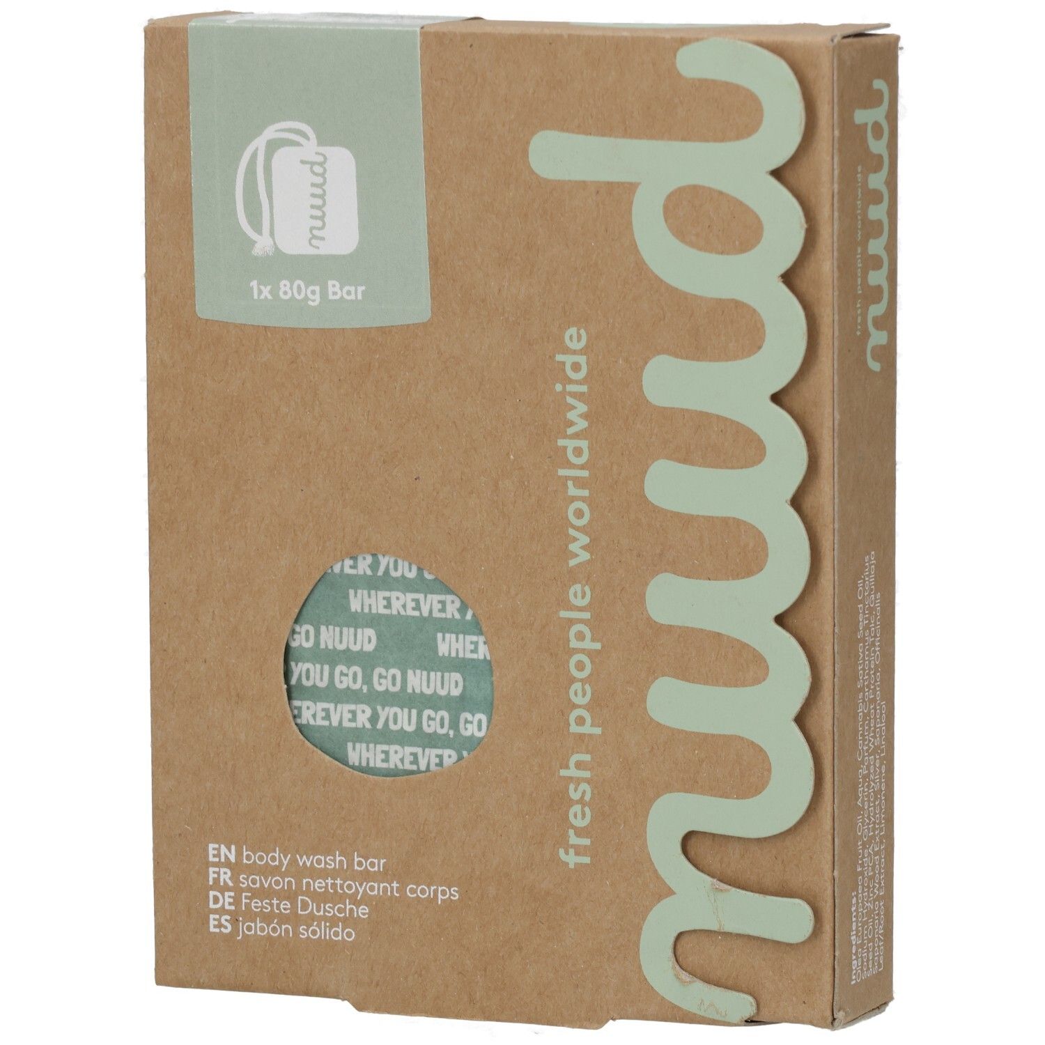 Kartonverpackung mit Produktabbildung und Schriftzug „nuud“. Text: „fresh people worldwide“ und „1x 80g Bar“.