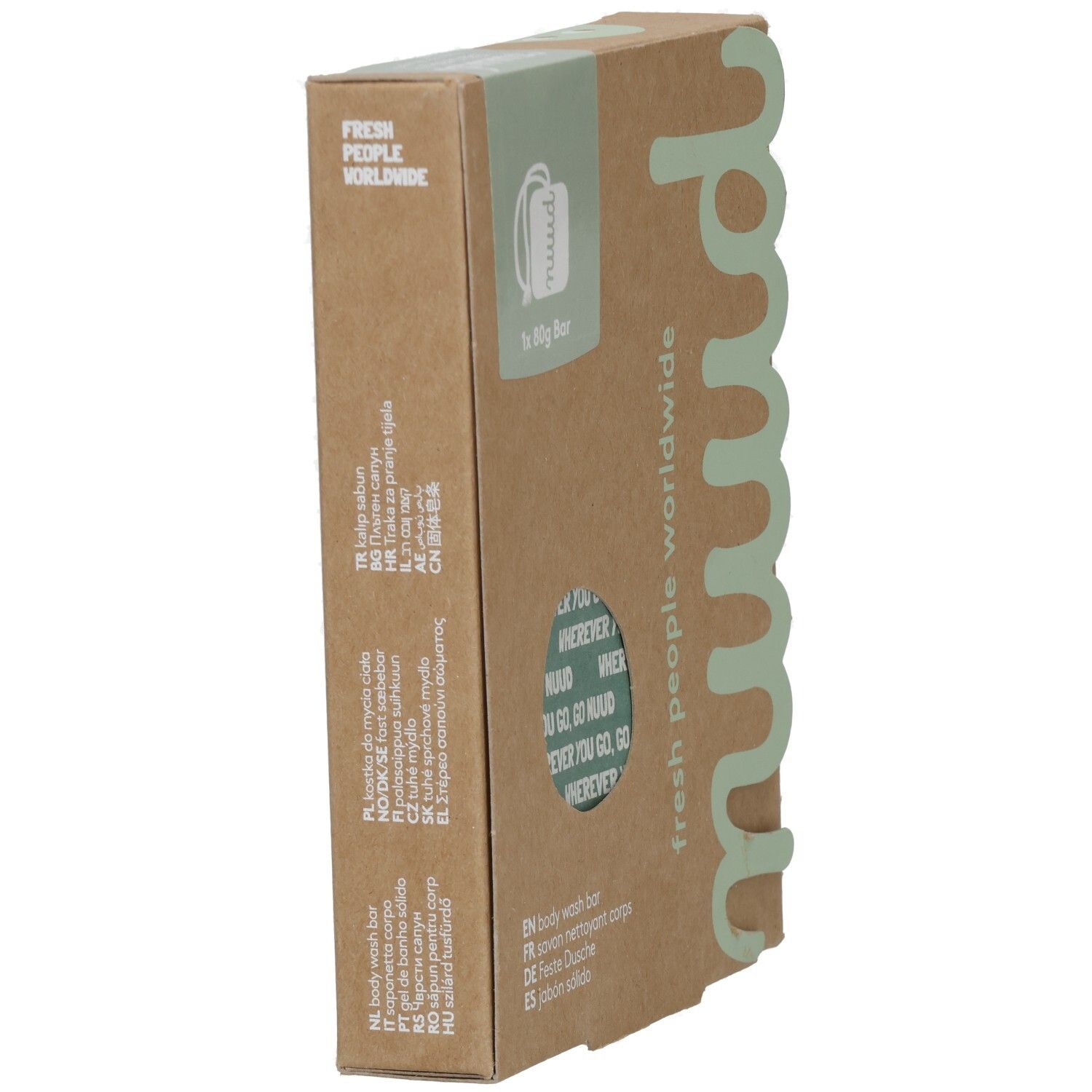 Kartonverpackung, seitliche Ansicht. Schriftzug „nuud“ und „fresh people worldwide“. Text: „1x 80g Bar“ und Produktbezeichnungen.