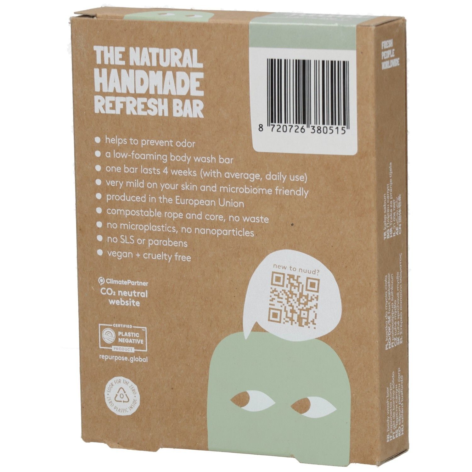 Kartonverpackung mit Text: „THE NATURAL HANDMADE REFRESH BAR“. Text über Eigenschaften und QR-Code. Logo „Plastic Negative“.