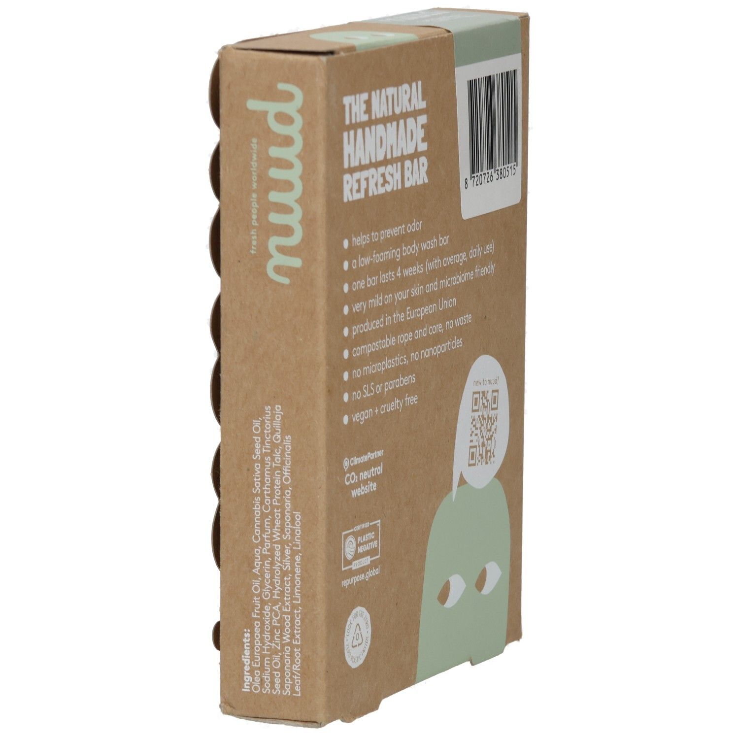Kartonverpackung, seitliche Ansicht. Text: „THE NATURAL HANDMADE REFRESH BAR“. Inhaltsstoffe und QR-Code. Logo „Plastic Negative“.