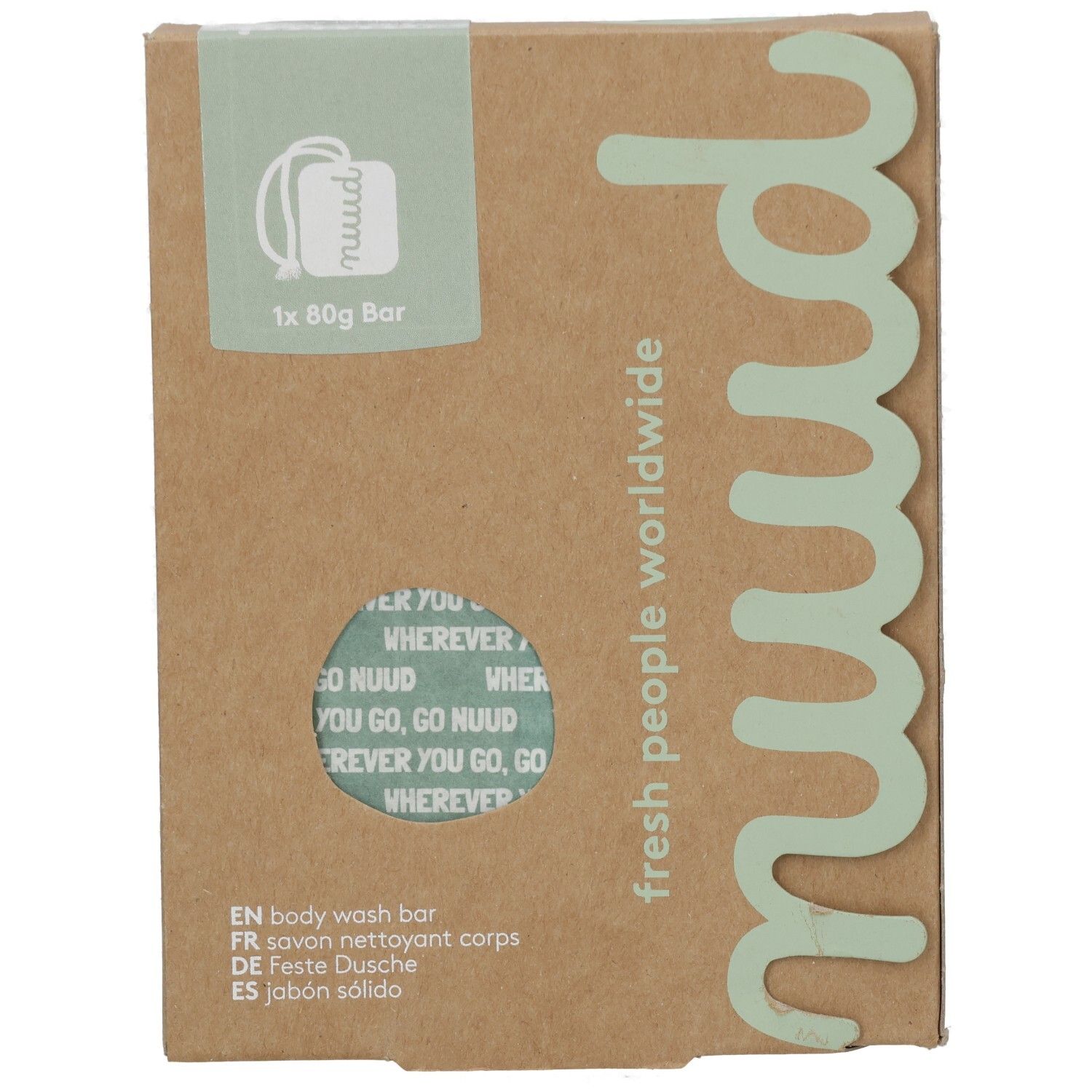Kartonverpackung mit Produktabbildung und Schriftzug „nuud“. Text: „fresh people worldwide“ und „1x 80g Bar“.
