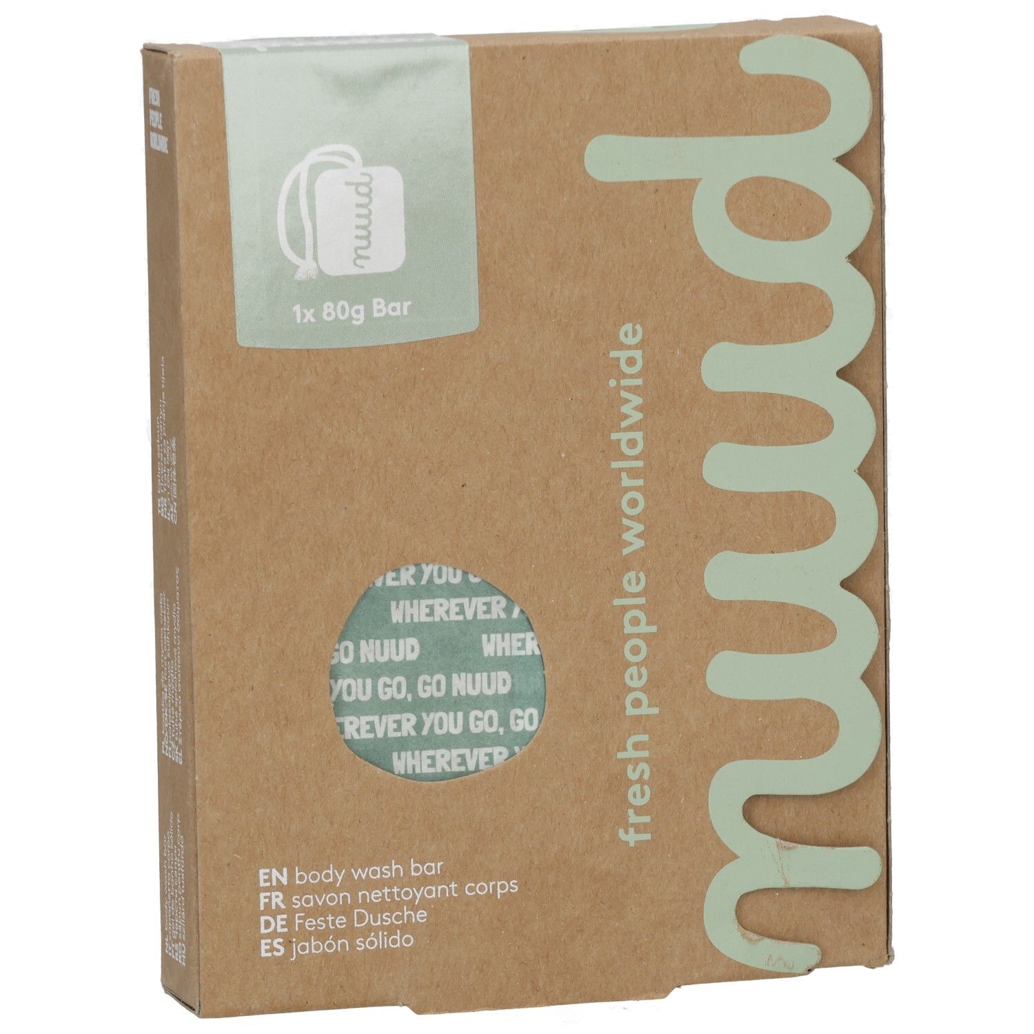 Kartonverpackung mit Produktabbildung und Schriftzug „nuud“. Text: „fresh people worldwide“ und „1x 80g Bar“.