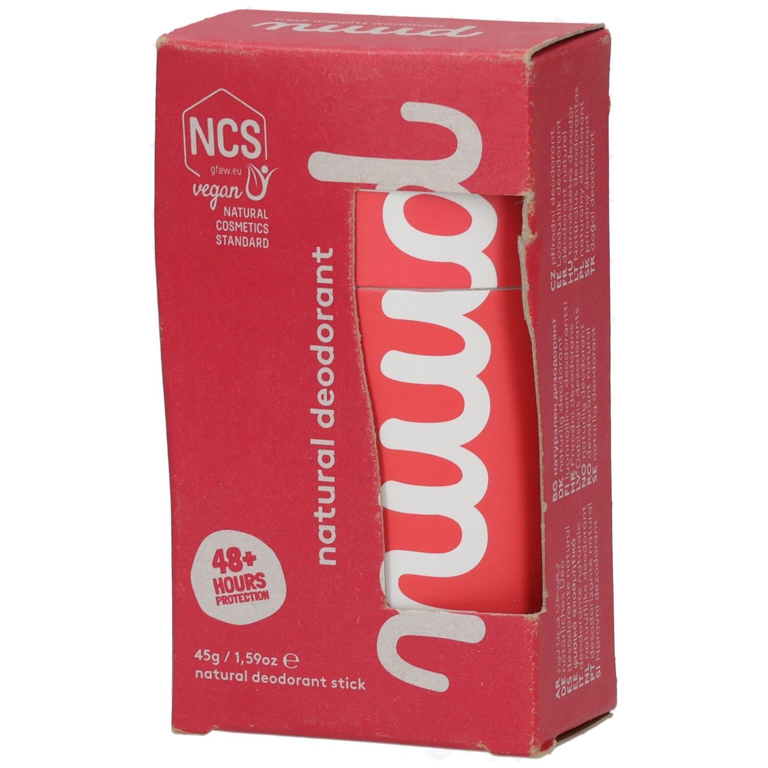 Roter Karton mit "nuud"-Schriftzug und Deodorant-Stick. Vegan, 48+ Stunden Schutz. NCS-Zertifizierung.