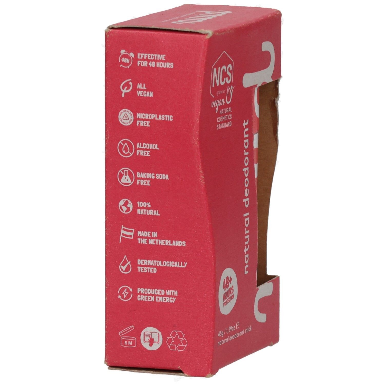 Rote Kartonseite mit Produktinformationen. Vegan, mikroplastikfrei, alkoholfrei, ohne Backpulver, natürlich.