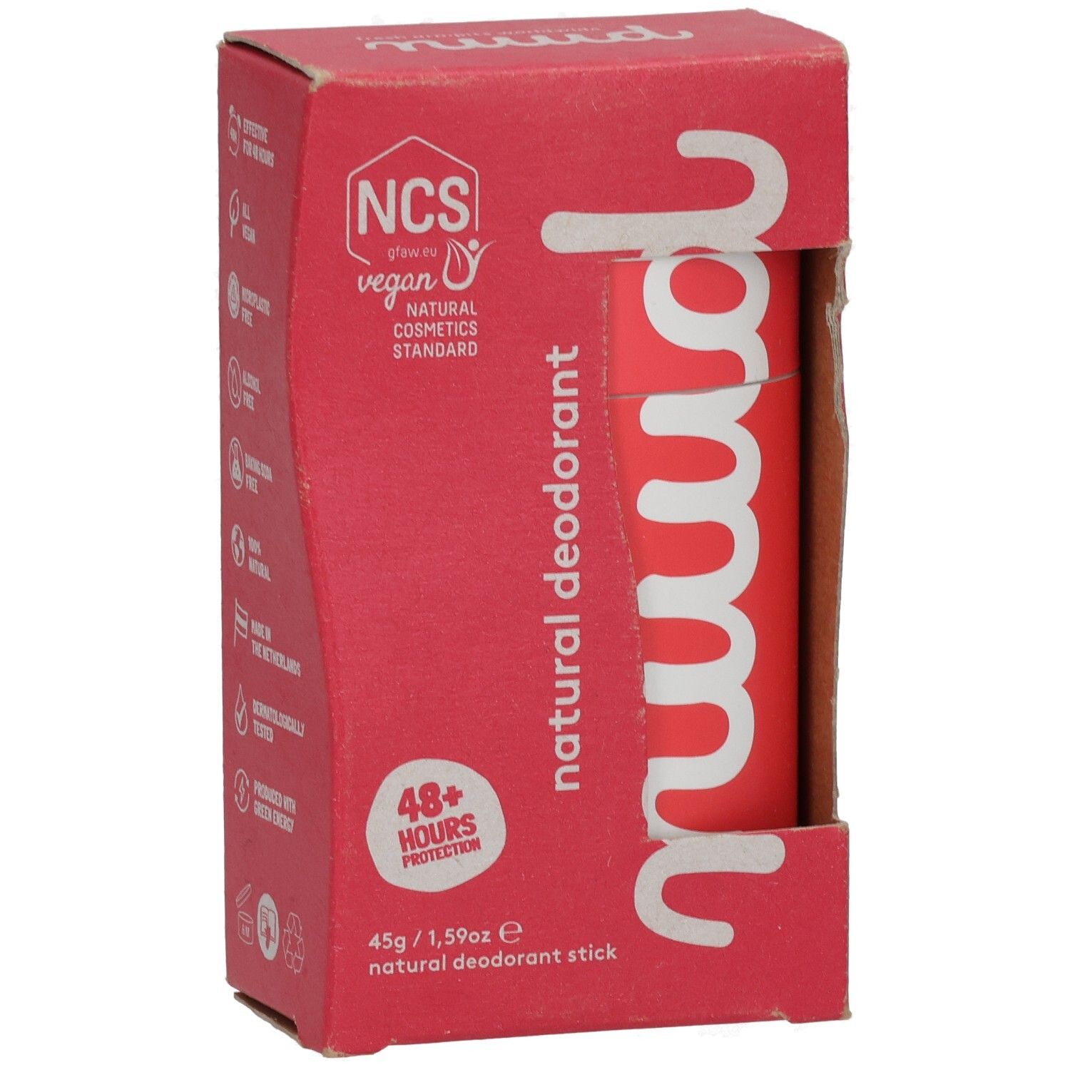 Roter Karton mit "nuud"-Schriftzug und Deodorant-Stick. Vegan, 48+ Stunden Schutz. NCS-Zertifizierung.