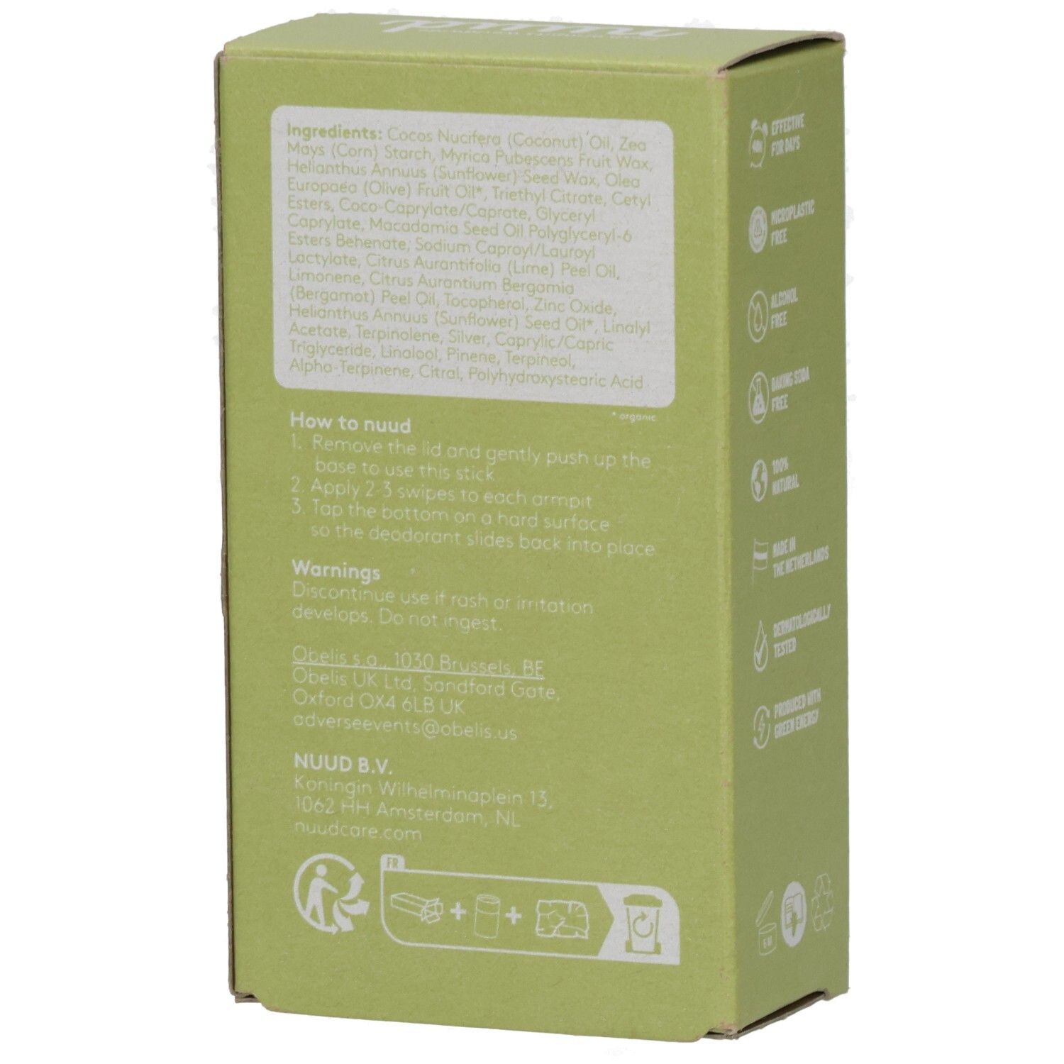 Rückseite des grünen Kartons. Text mit Inhaltsstoffen, Anwendungshinweisen und Warnhinweisen. Firmenadresse und Website.