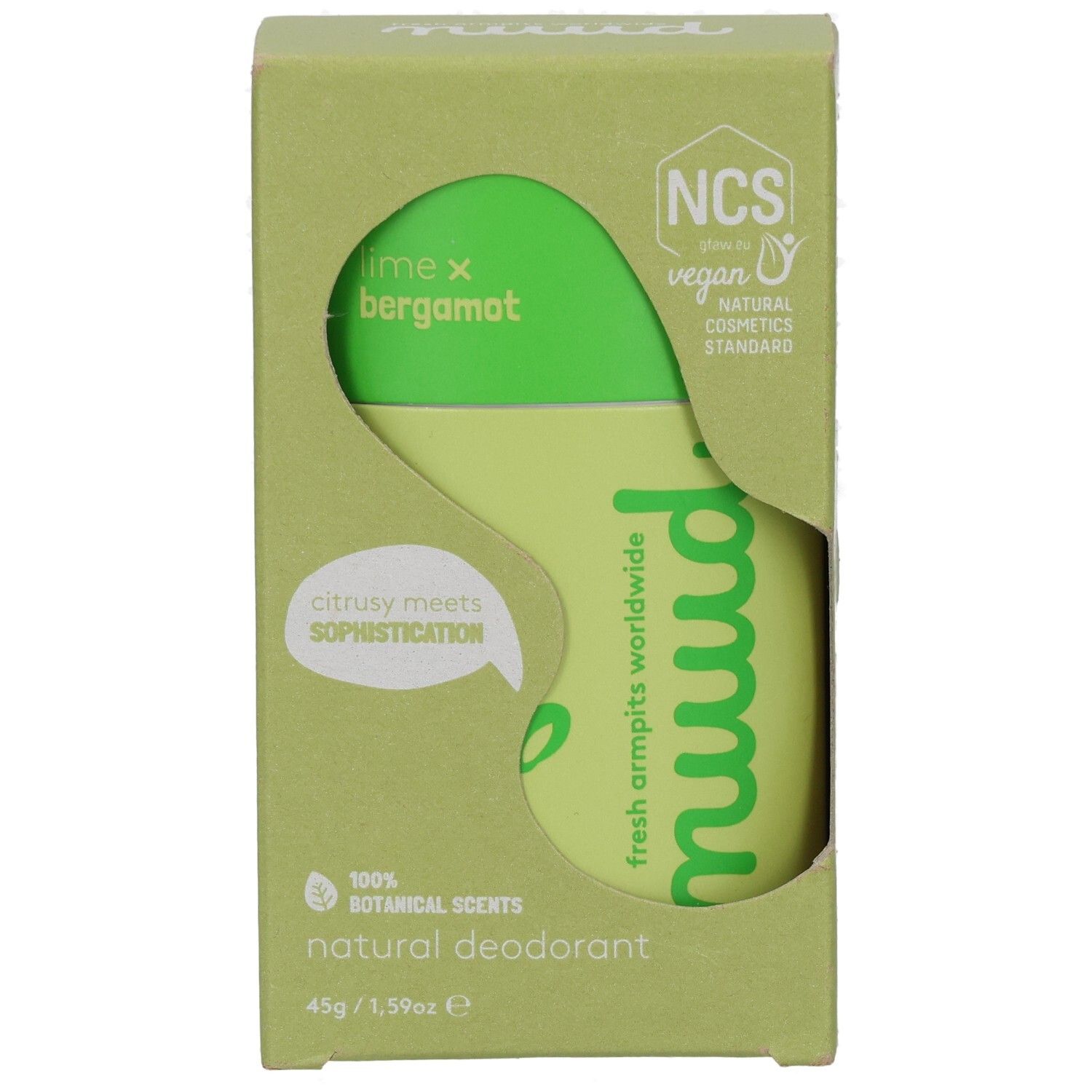 Grüner Karton mit Aussparung. Deodorant-Stick sichtbar. Aufschrift: "nuud", "lime x bergamot", "Natural Deodorant". Vegan-Siegel.