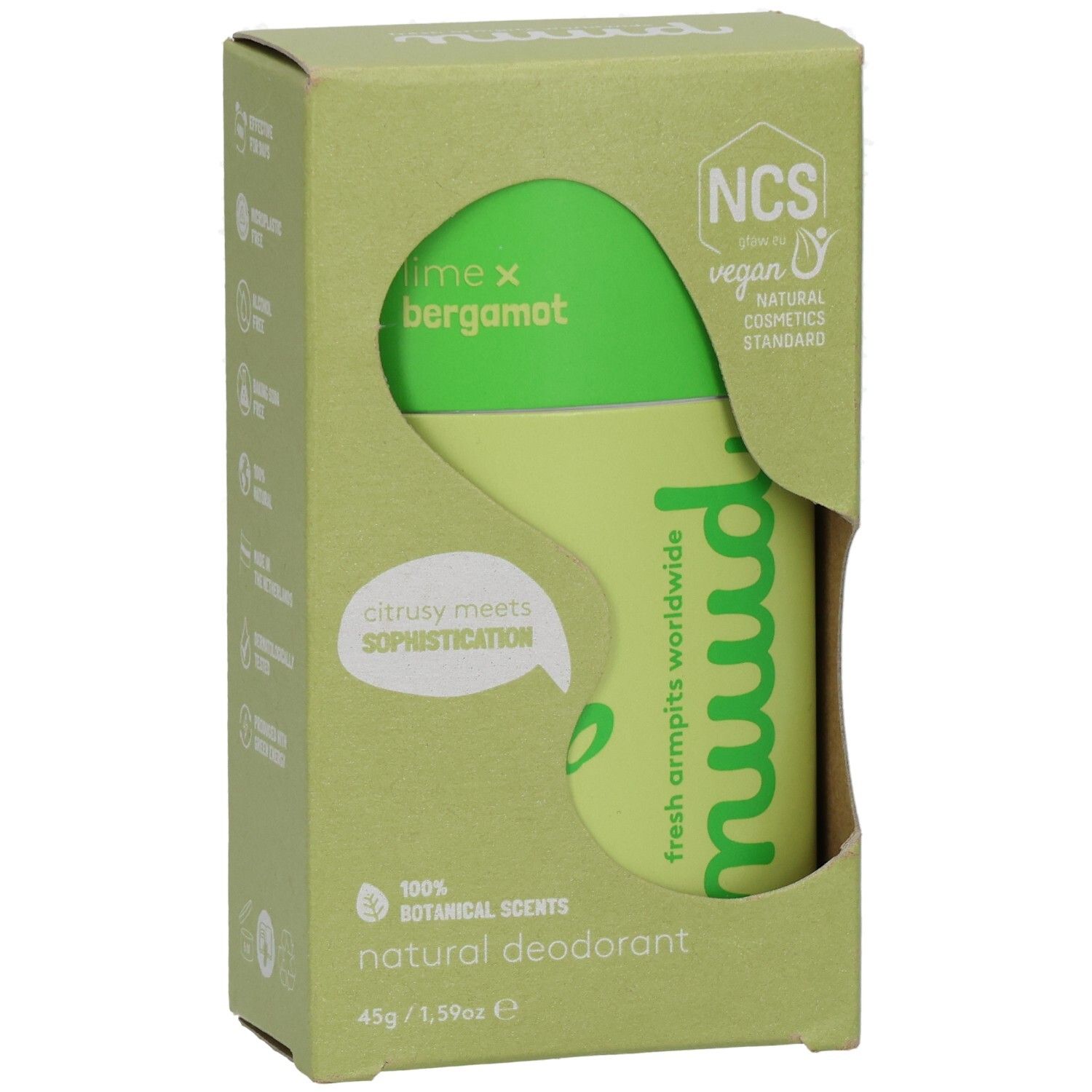 Grüner Karton mit Aussparung. Deodorant-Stick sichtbar. Aufschrift: "nuud", "lime x bergamot", "Natural Deodorant". Vegan-Siegel.
