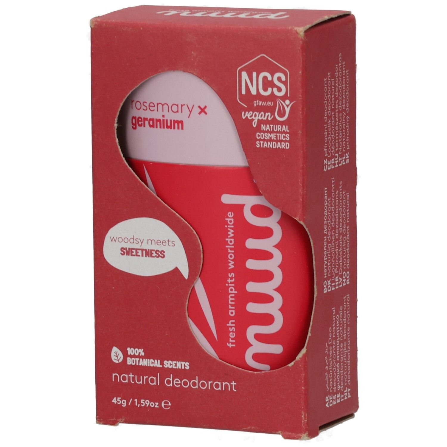 Roter Karton mit einem Deodorant-Stick. Sichtbar: "nuud", "Rosmarin x Geranie", "NCS vegan".
