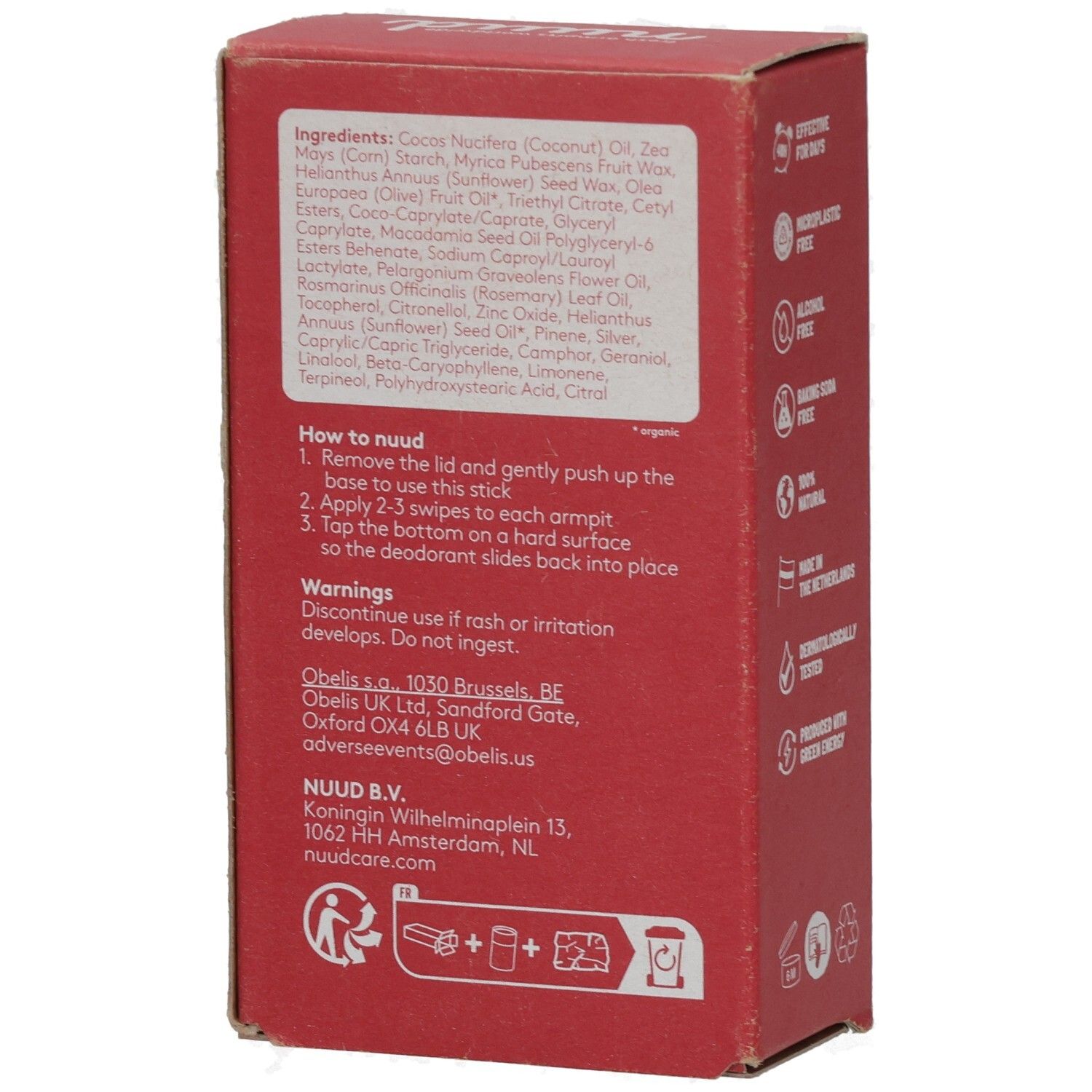 Rückseite der roten Kartonverpackung. Enthält Inhaltsstoffe, Anwendungshinweise und Kontaktinformationen.