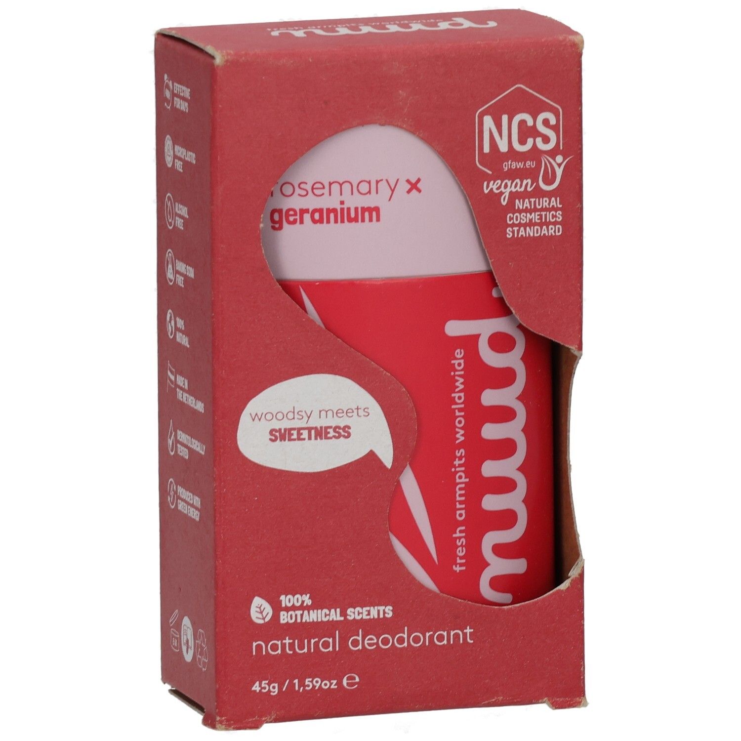 Roter Karton mit Deodorant-Stick. Sichtbar: "nuud", "Rosmarin x Geranie", "NCS vegan".