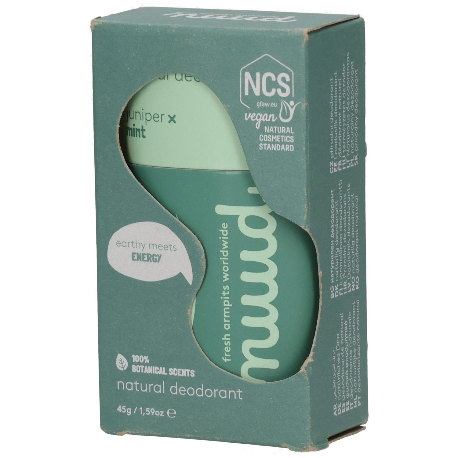 Deodorant in grüner Verpackung. Sichtbar: nuud, Juniper x Mint, NCS-Siegel, vegan. 100% natürliche Düfte. 45g/1.59oz.