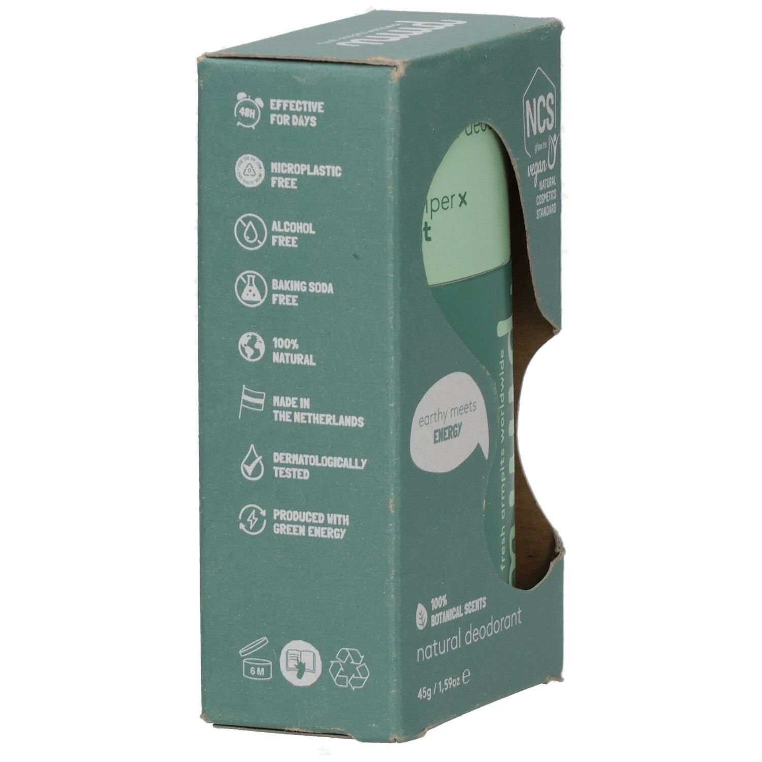 Grüne Verpackung mit Deodorant. Text: Wirksam für Tage, mikroplastikfrei, alkoholfrei, ohne Backpulver, 100% natürlich, hergestellt in den Niederlanden.