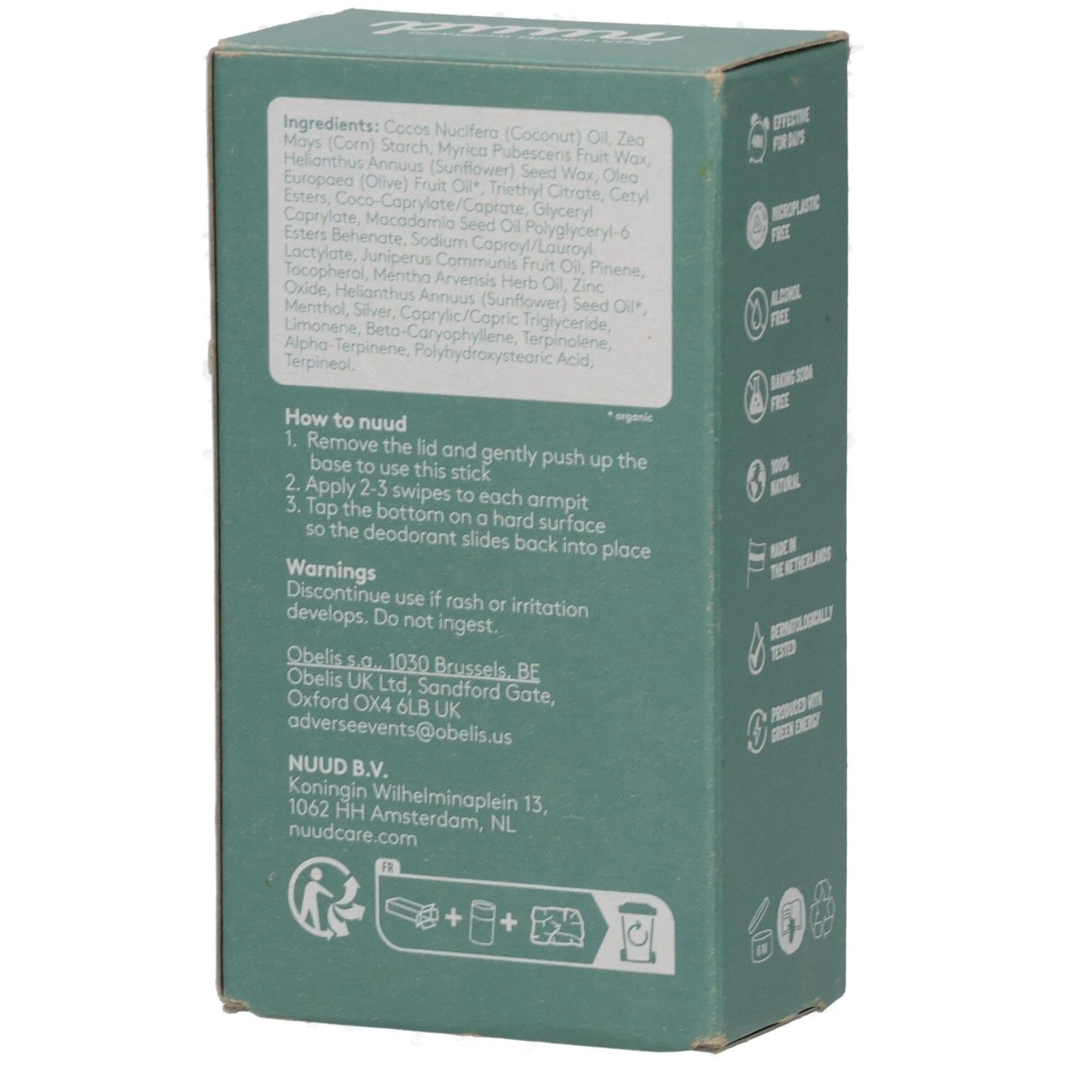 Rückseite der grünen Verpackung. Zutatenliste, Anwendungshinweise, Warnhinweise. Adressen von Obelis und NUUD B.V. Recycling-Symbole.