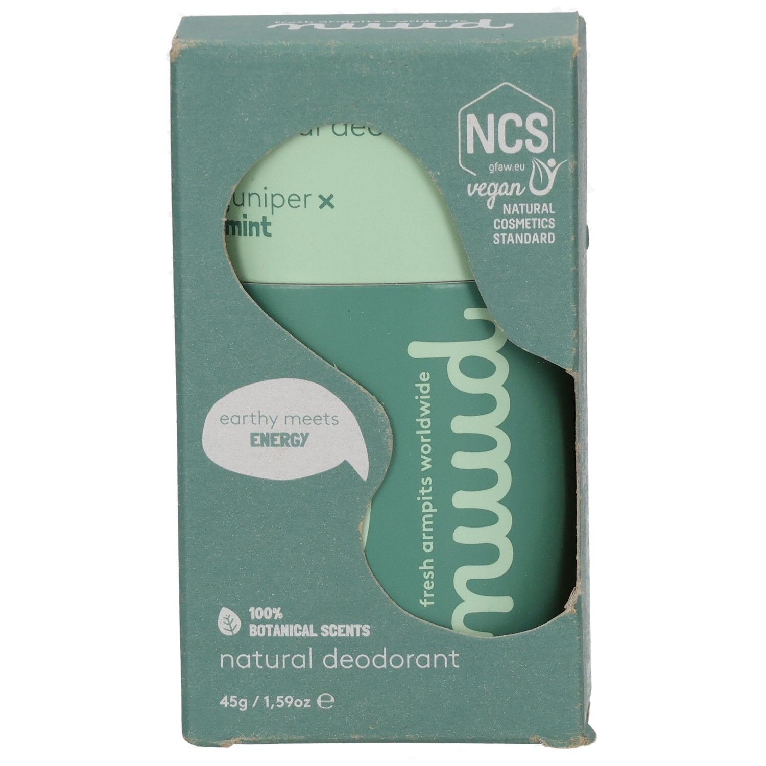 Deodorant in grüner Verpackung. Sichtbar: nuud, Juniper x Mint, NCS-Siegel, vegan. 100% natürliche Düfte. 45g/1.59oz.
