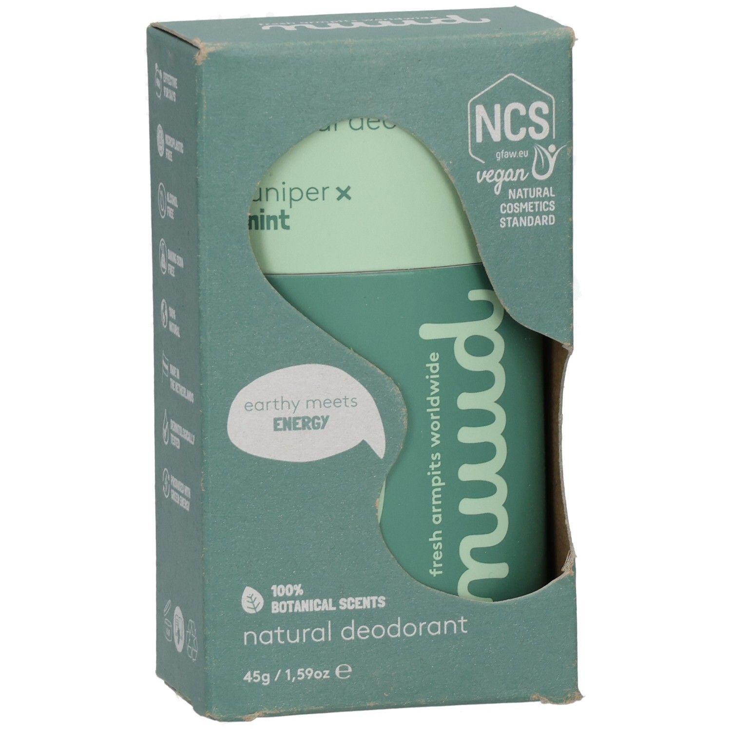 Deodorant in grüner Verpackung. Sichtbar: nuud, Juniper x Mint, NCS-Siegel, vegan. 100% natürliche Düfte. 45g/1.59oz.