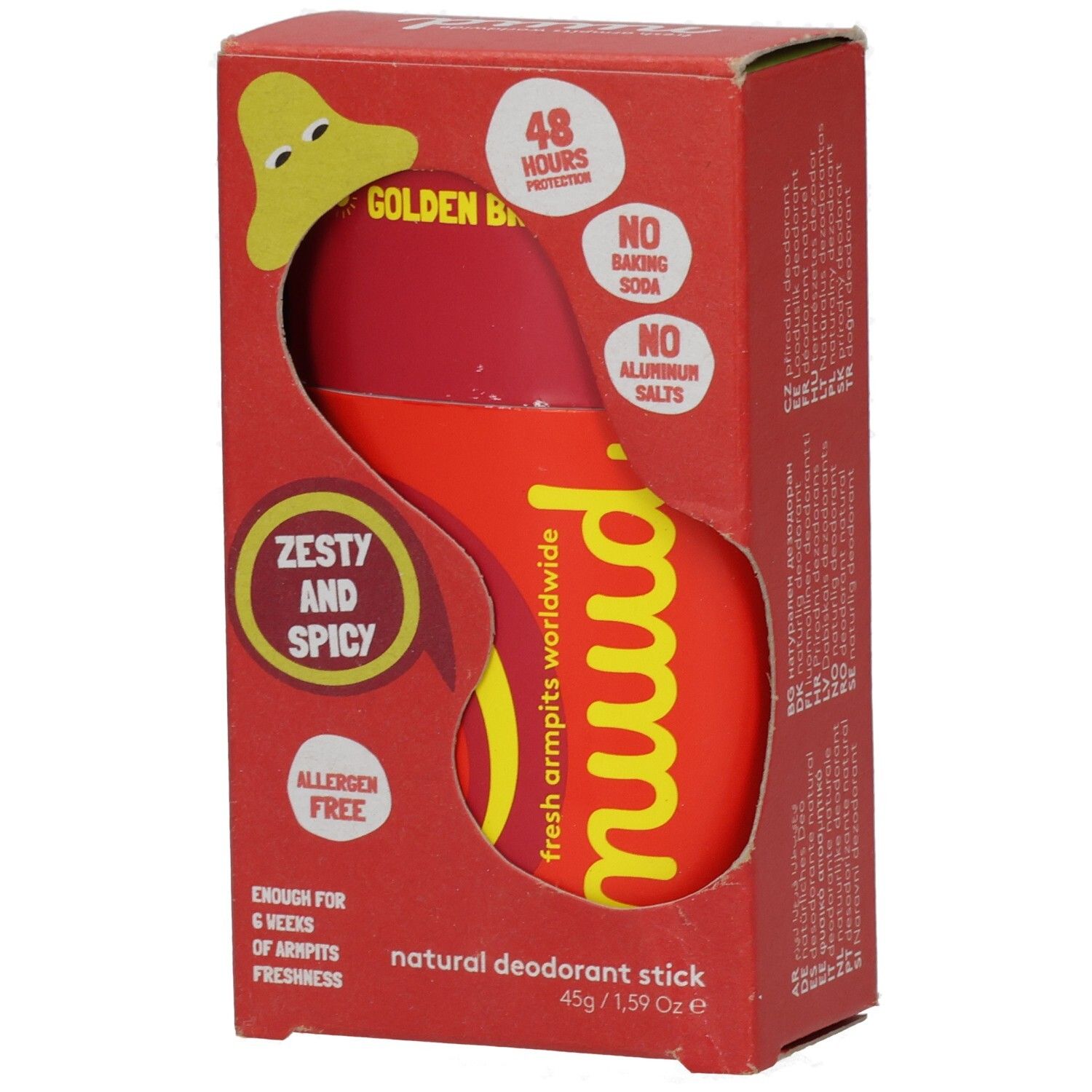 Roter Deostick in roter Verpackung. Aufschrift: nuud, Zesty and Spicy, 48 Stunden Schutz, allergenfrei, ohne Aluminiumsalze.