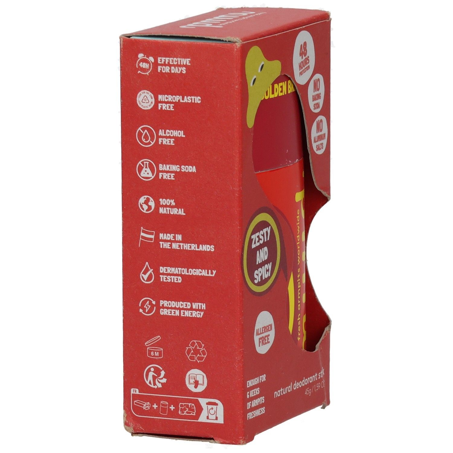 Rote Verpackung mit Deostick. Aufschriften: 48 Stunden Schutz, ohne Mikroplastik, ohne Alkohol, ohne Natron, 100% natürlich.