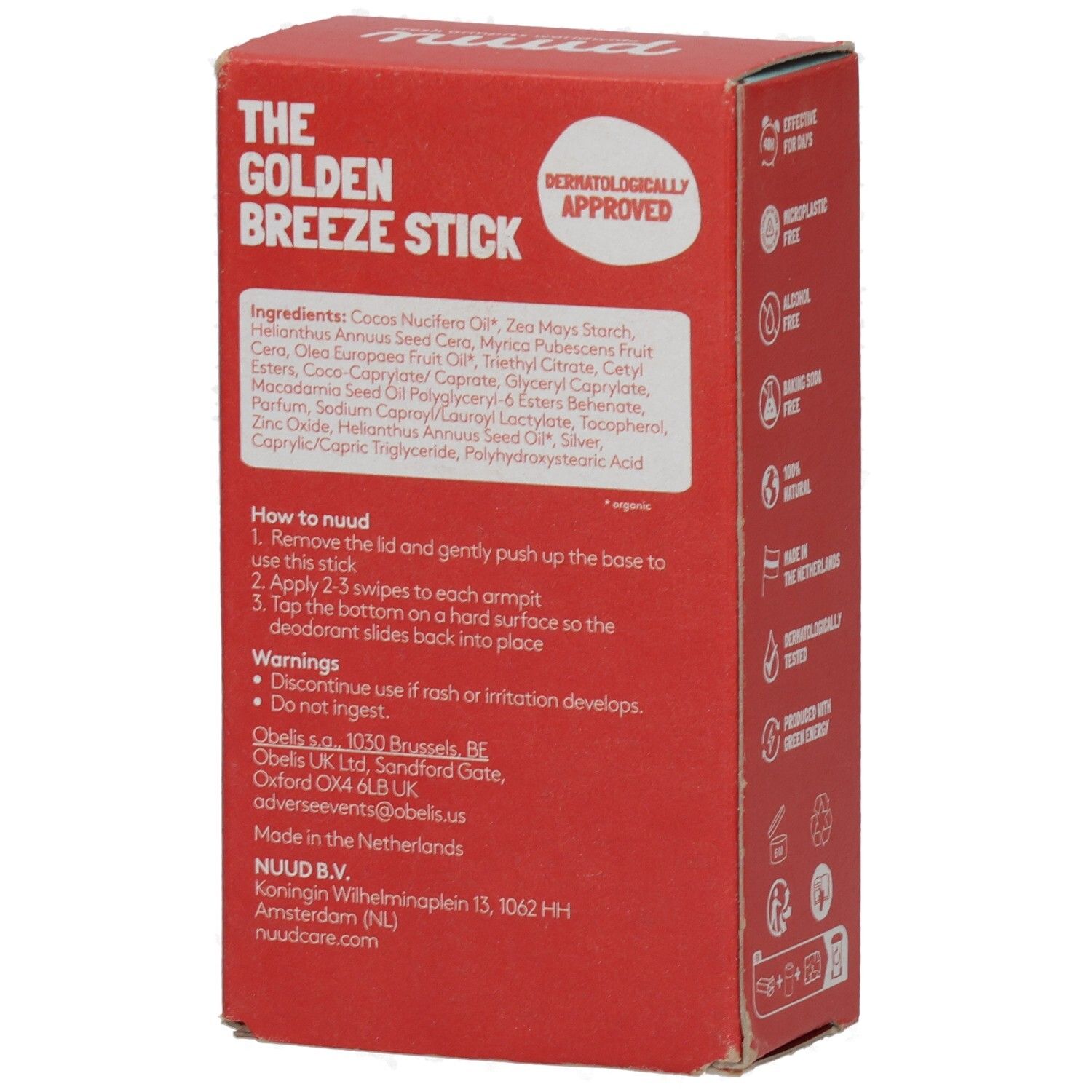 Rote Verpackung mit Inhaltsstoffen und Gebrauchsanweisung. Aufschrift: The Golden Breeze Stick. Dermatologisch getestet. Hergestellt in den Niederlanden.