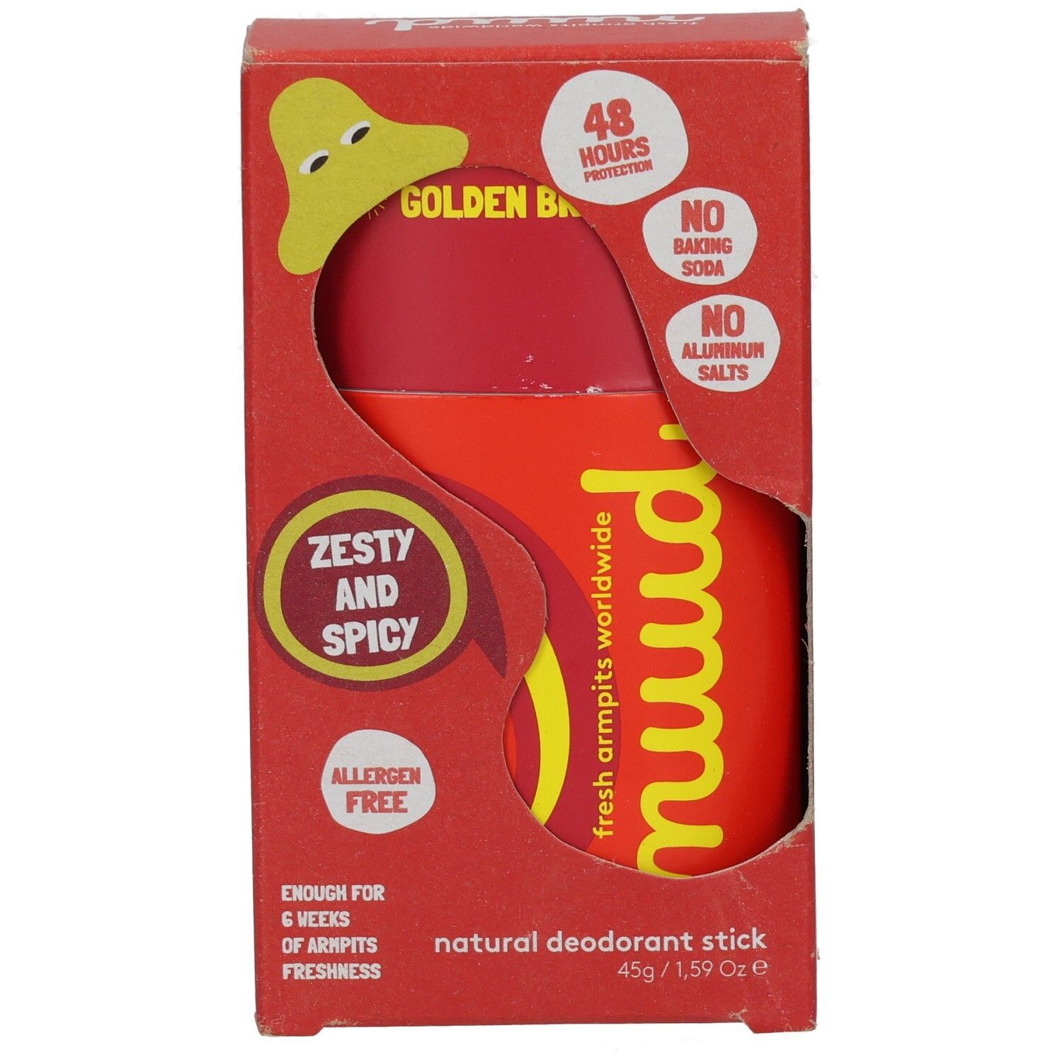 Roter Deostick in roter Verpackung. Aufschrift: nuud, Zesty and Spicy, 48 Stunden Schutz, allergenfrei, ohne Aluminiumsalze.