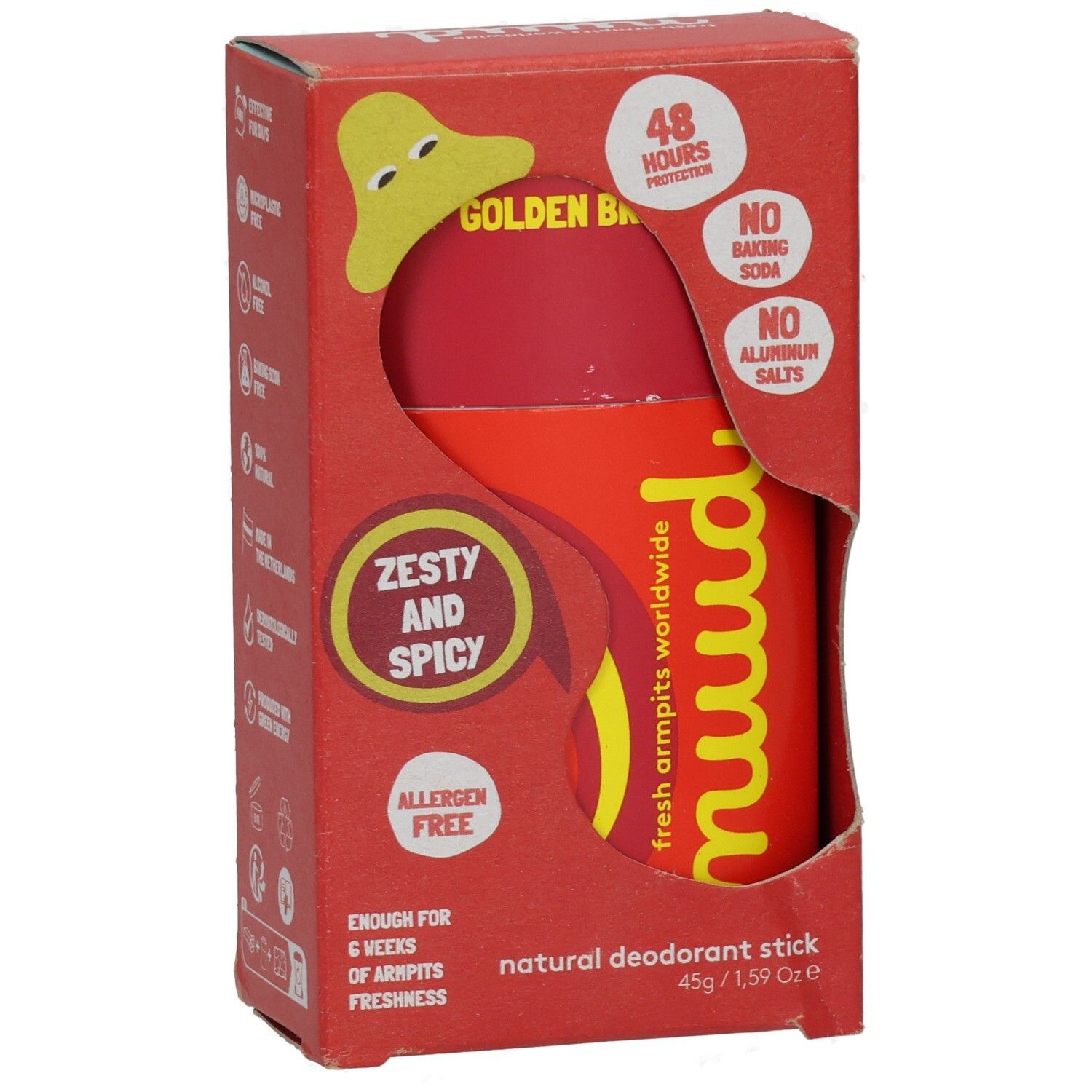 Roter Deostick in roter Verpackung. Aufschrift: nuud, Zesty and Spicy, 48 Stunden Schutz, allergenfrei, ohne Aluminiumsalze.