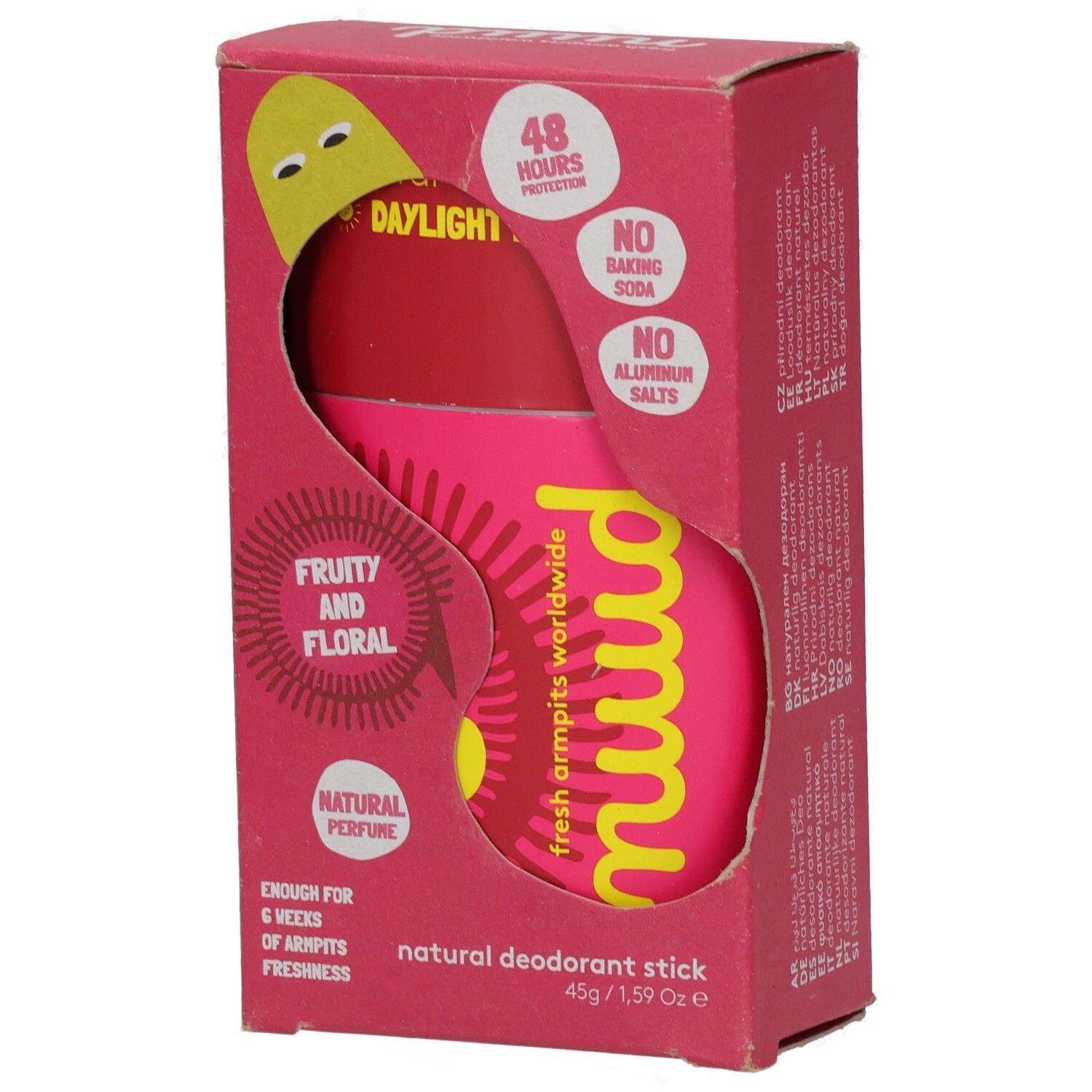 Rosa Verpackung mit Deostift. Aufschrift: nuud, Daylight Burst Stick, Fruity and Floral, Natural Deodorant Stick.