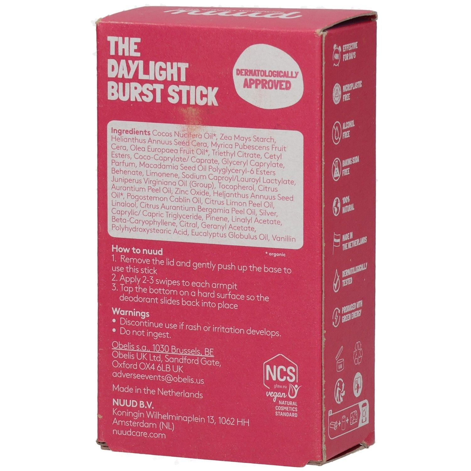Rosa Verpackung mit Inhaltsstoffen und Anwendungshinweisen. Aufschrift: The Daylight Burst Stick, Dermatologically Approved.