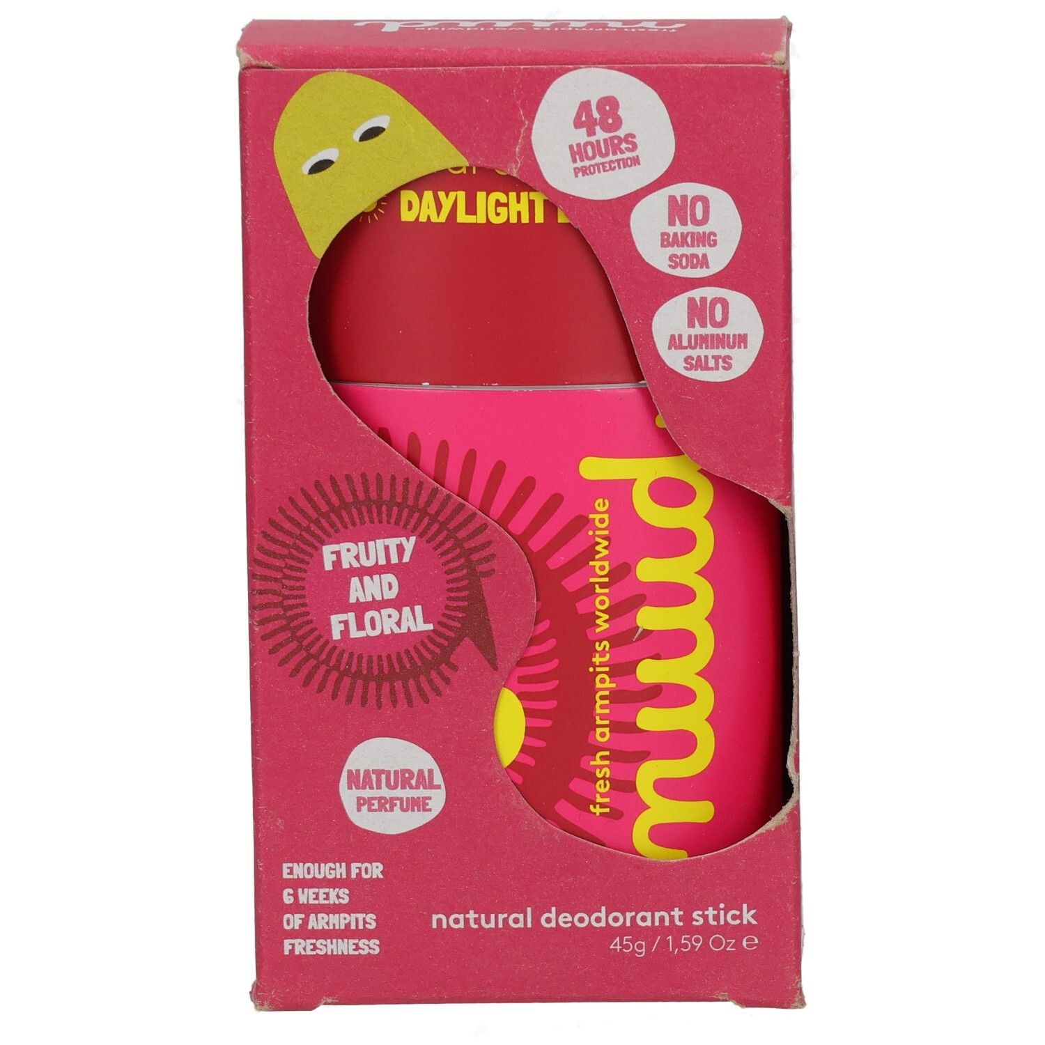Rosa Verpackung mit Deostift. Aufschrift: nuud, Daylight Burst Stick, Fruity and Floral, Natural Deodorant Stick.
