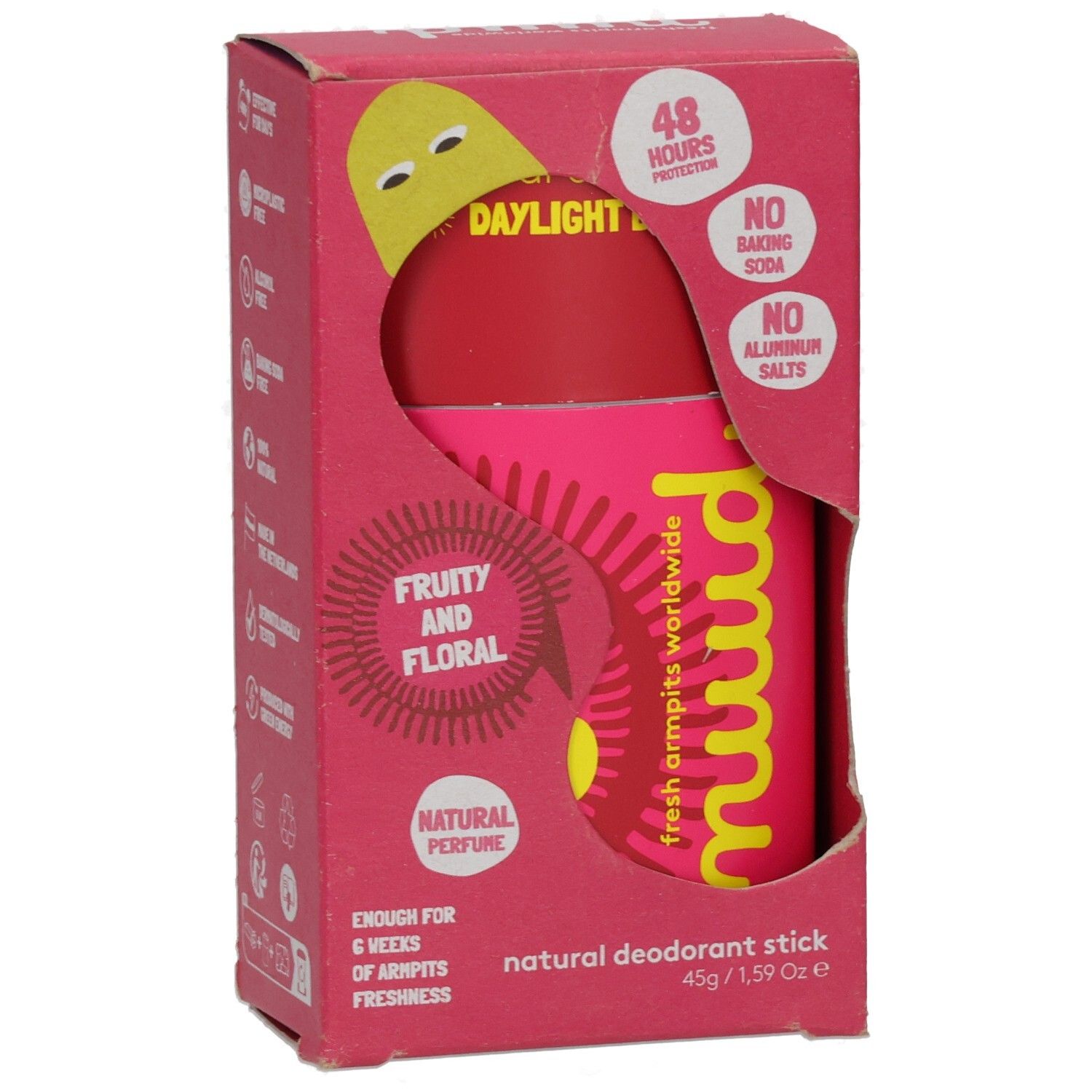 Rosa Verpackung mit Deostift. Aufschrift: nuud, Daylight Burst Stick, Fruity and Floral, Natural Deodorant Stick.