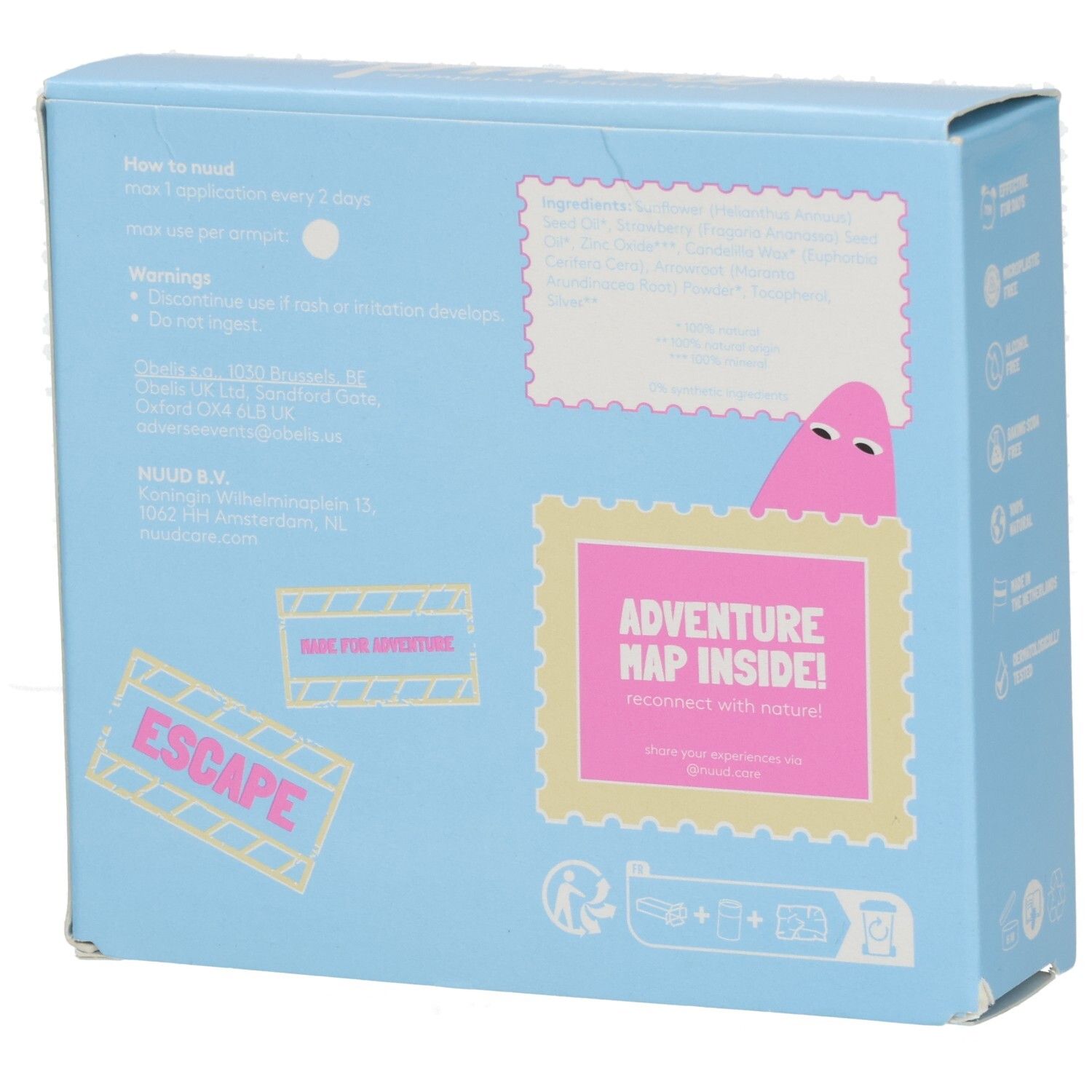 Rückseite der hellblauen Geschenkbox. Text und Illustrationen. Aufdrucke: "Adventure Map Inside!", "ESCAPE", Logos.