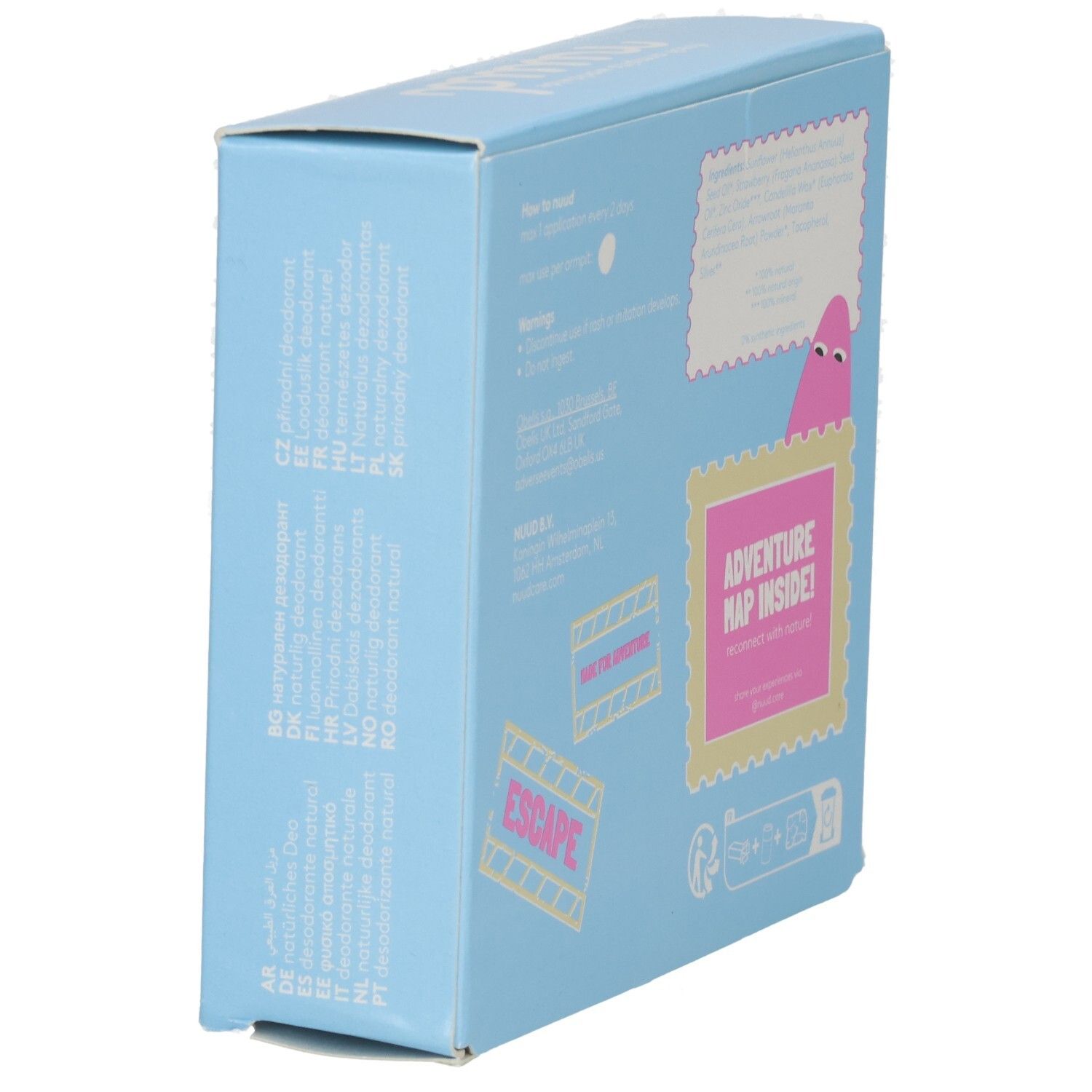 Schrägansicht der hellblauen Geschenkbox. Text und Illustrationen. Aufdrucke: "Adventure Map Inside!", "ESCAPE", Logos.