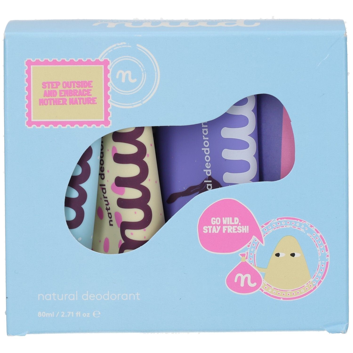 Hellblaue Geschenkbox mit Aussparung. Enthält mehrere Roll-on-Deodorants. Aufdrucke: "natural deodorant", "nuud", Illustrationen.